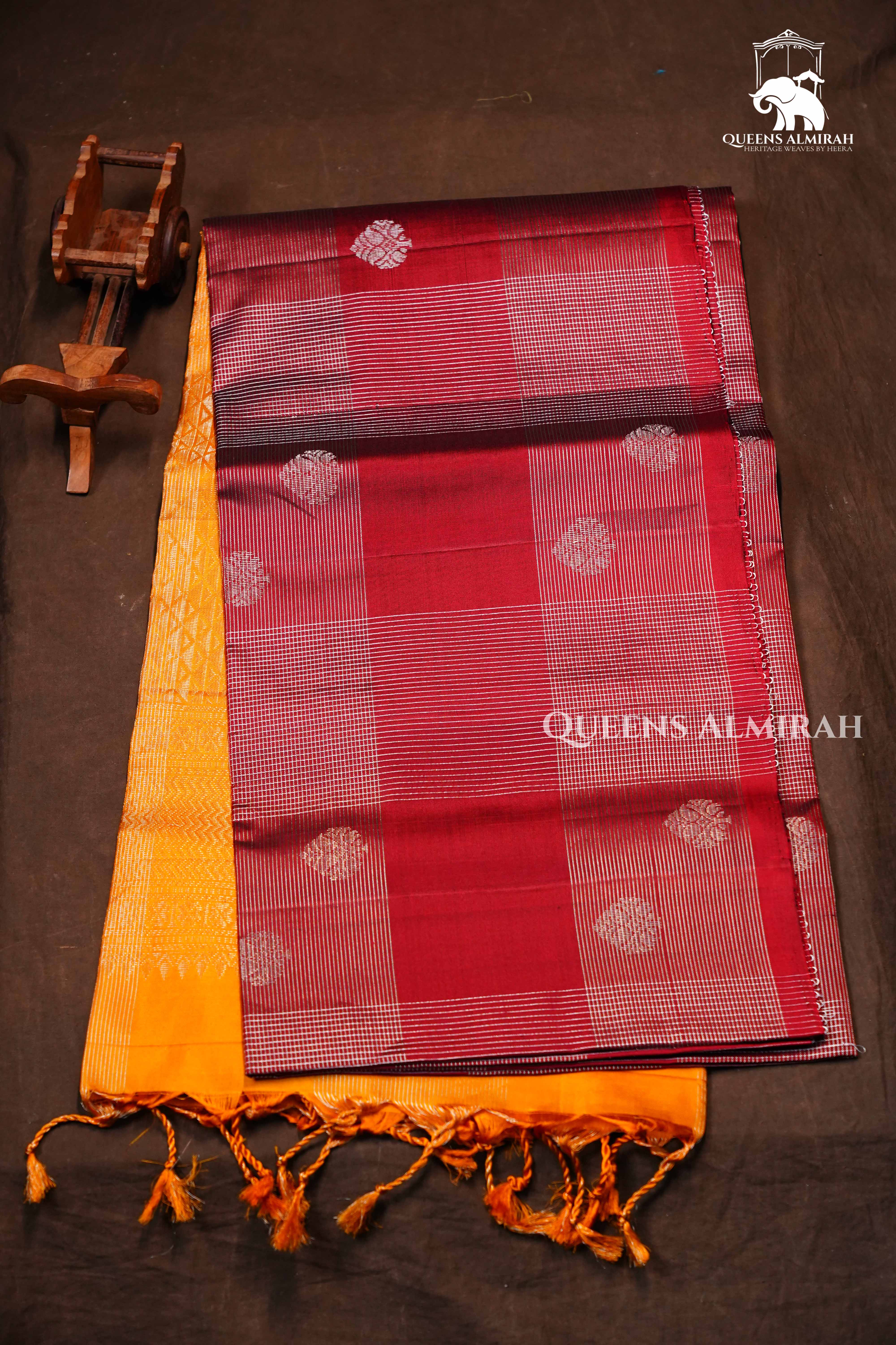 Wine Red With Yellow Pure Soft Silk Saree