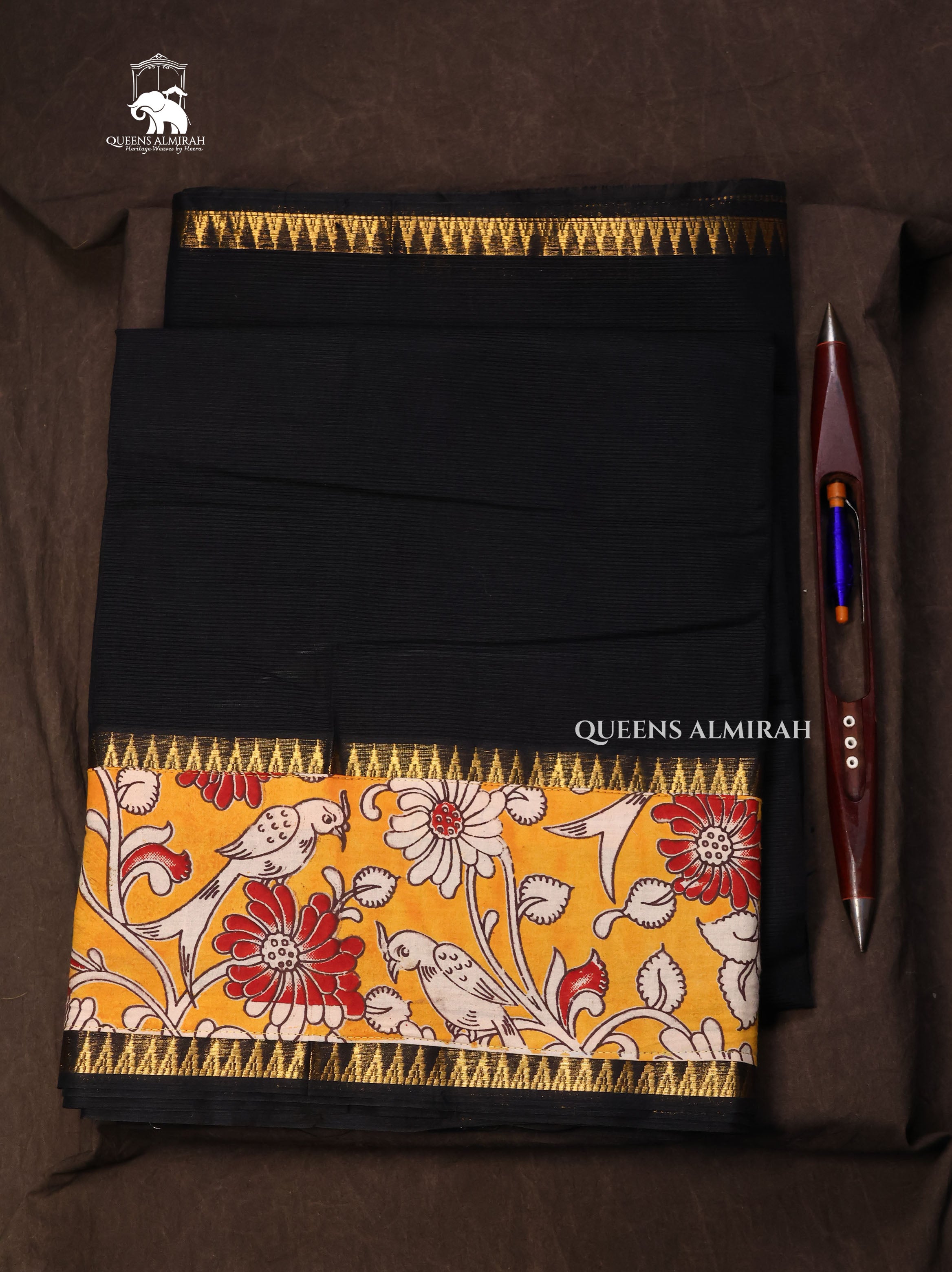 Black With Floral Border Mangalgiri Cotton saree