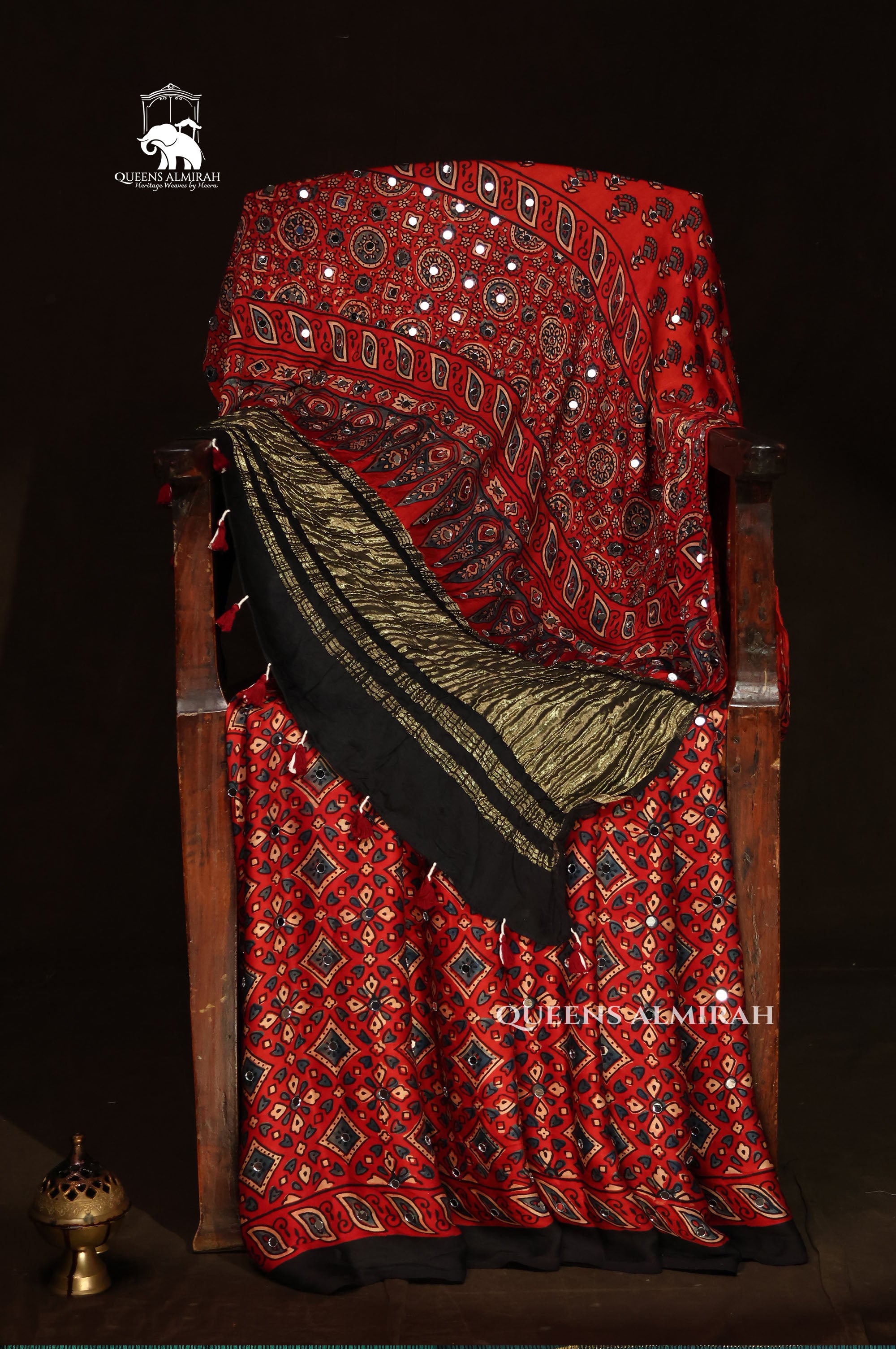 Sridevi Maroon Ajrakh Mirror Work Modal Silk Saree