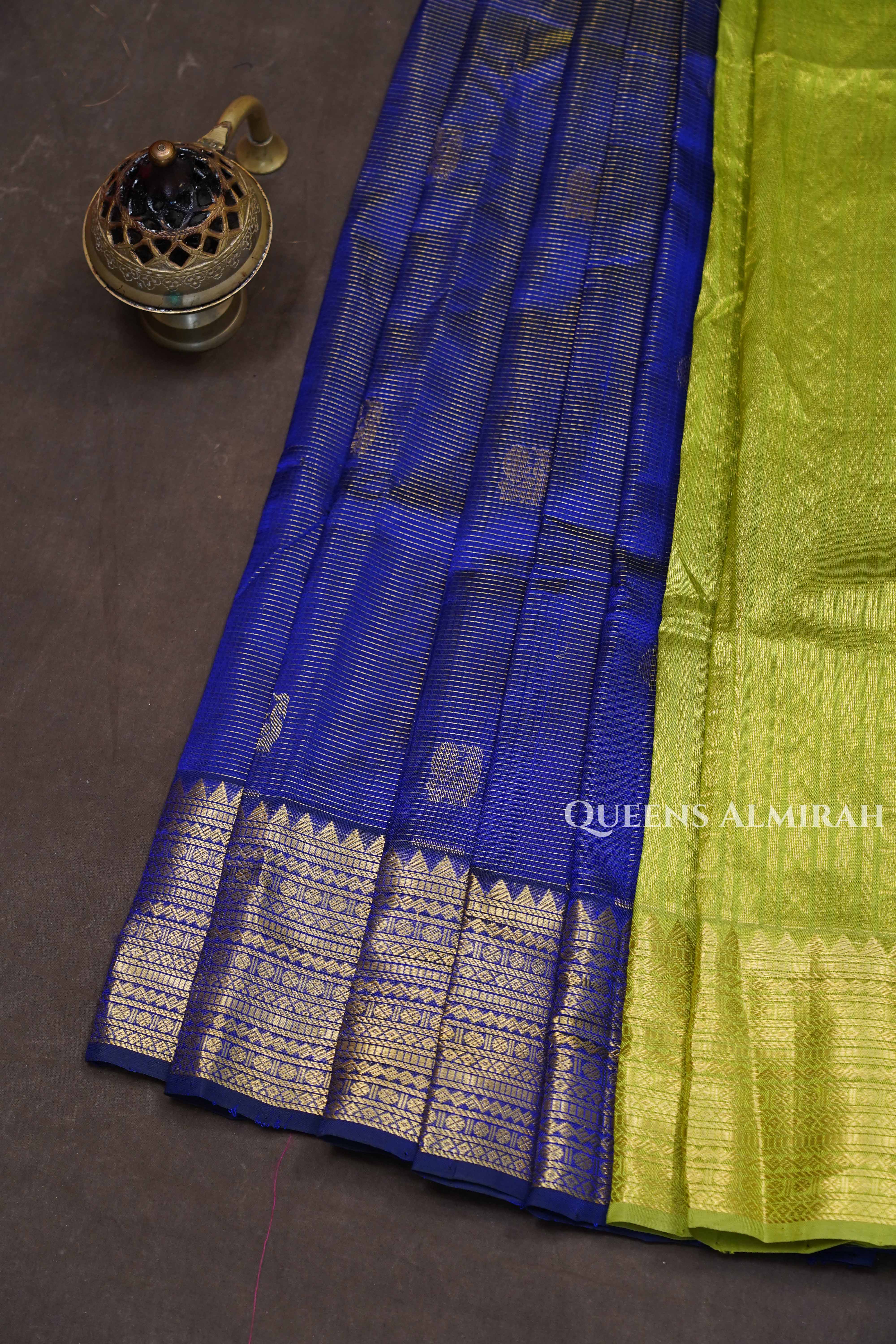 Indigo Blue With Palm Green Pure Silk Cotton Saree