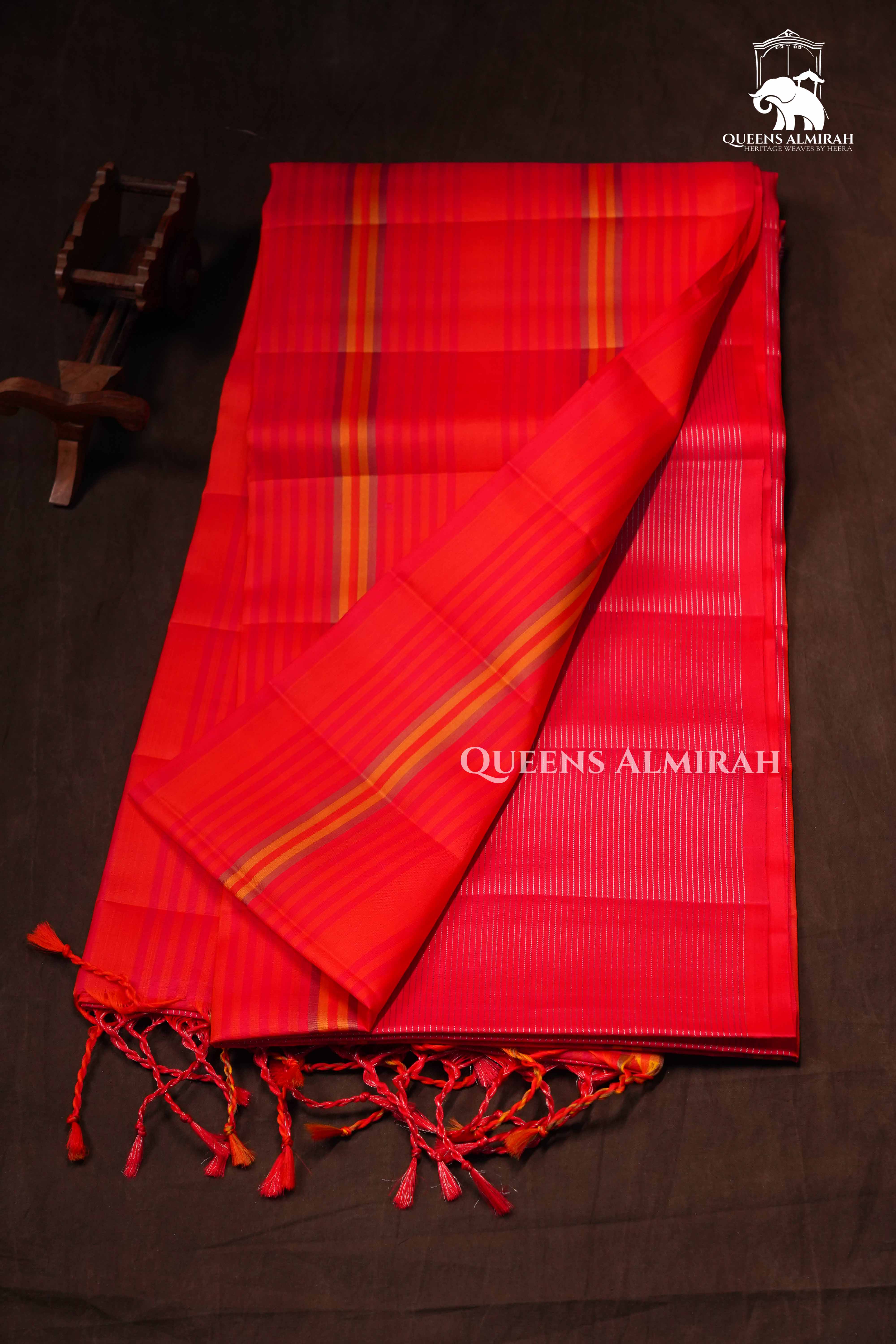 Tomato Red With Strips Pure Soft Silk Saree