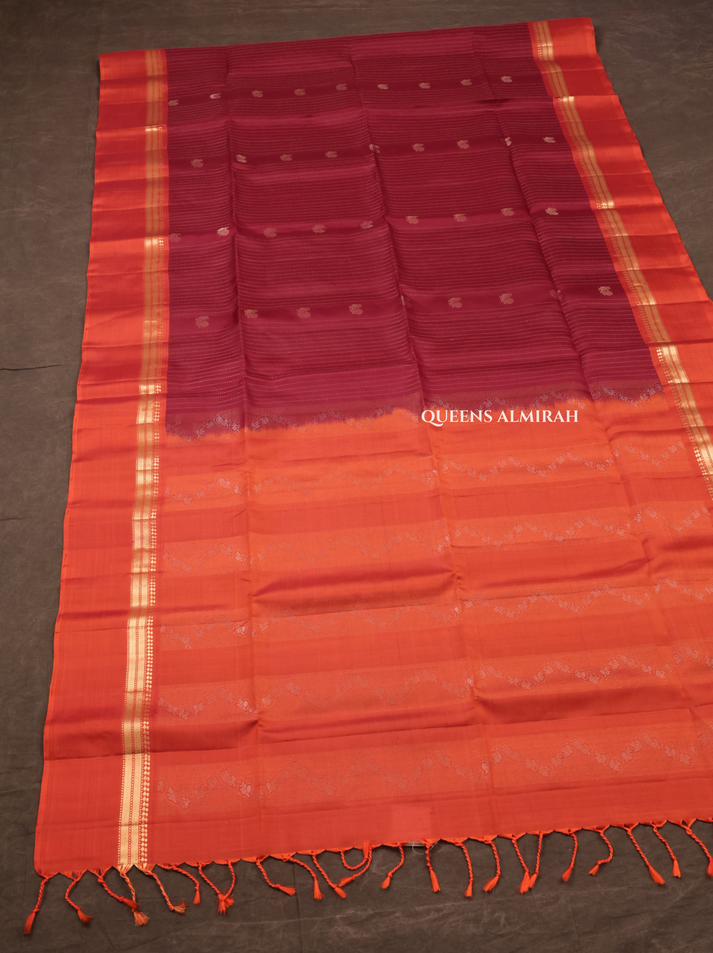 Maroon With Rust Orange Pure Soft Silk Saree