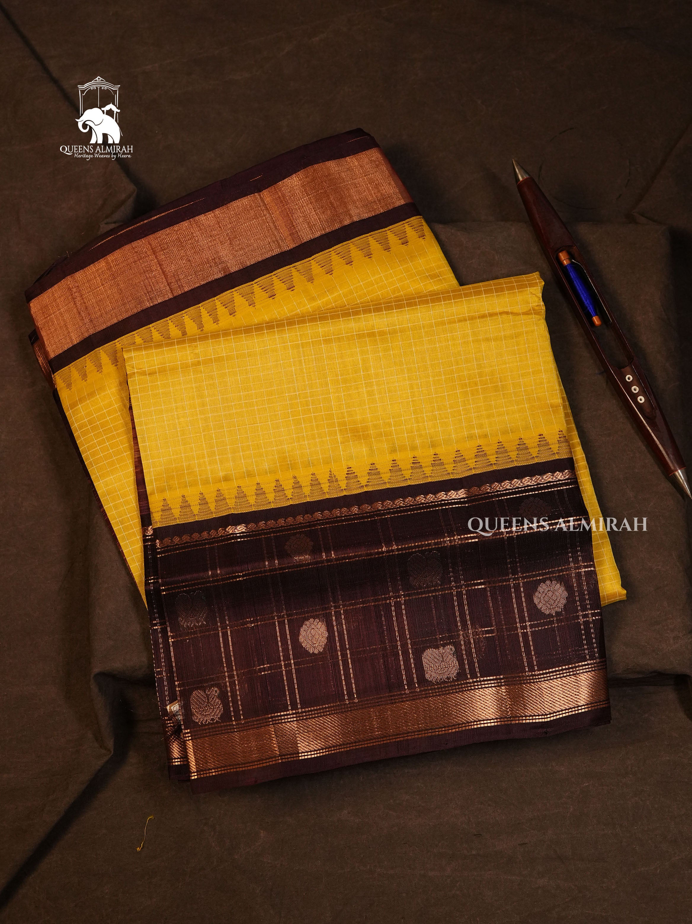 Yellow With Brown Pure Silk Cotton Saree