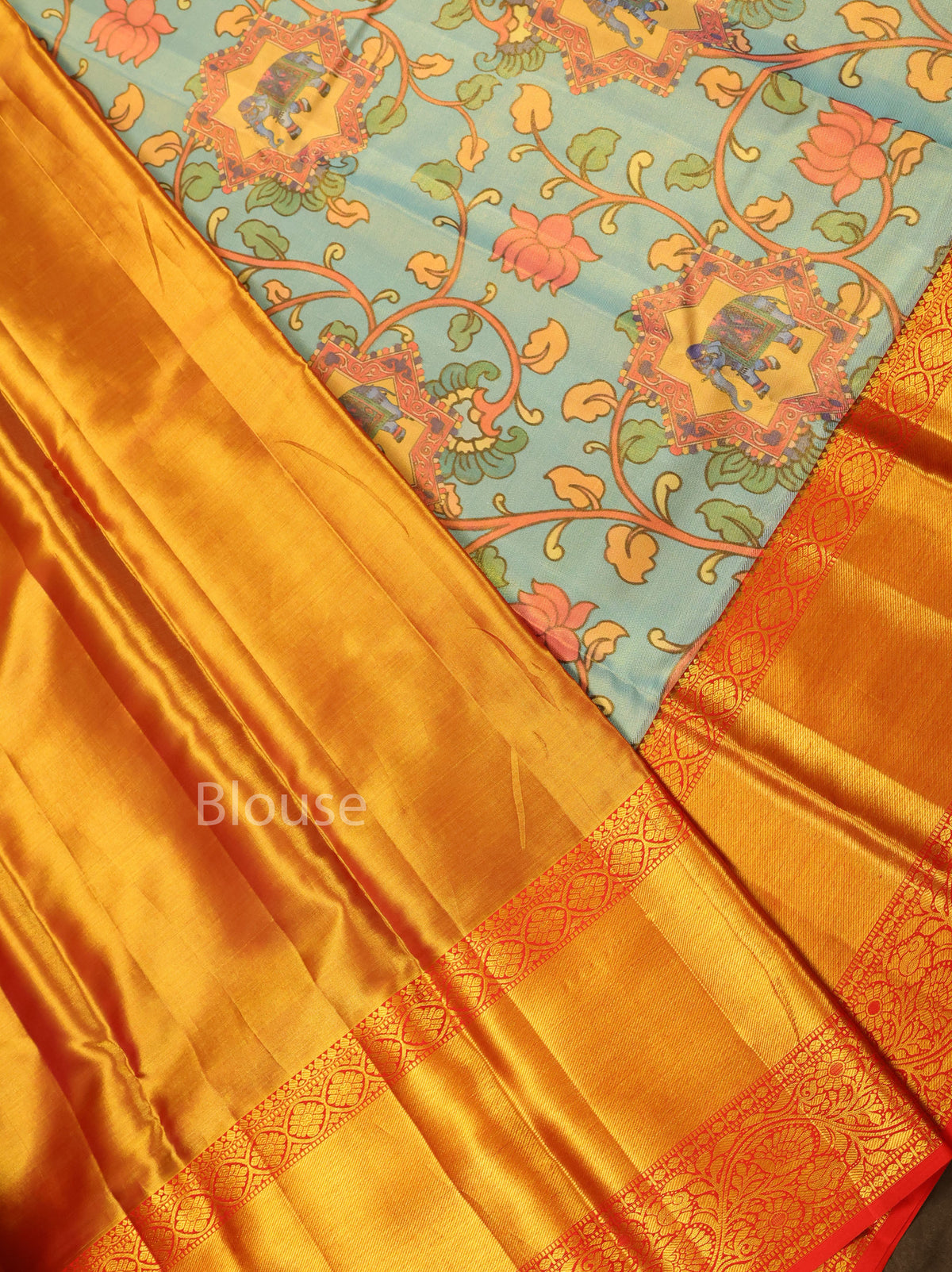 Blue Kalamkari Print With Red Long And Short Border Pure Kanchivaram Silk Saree