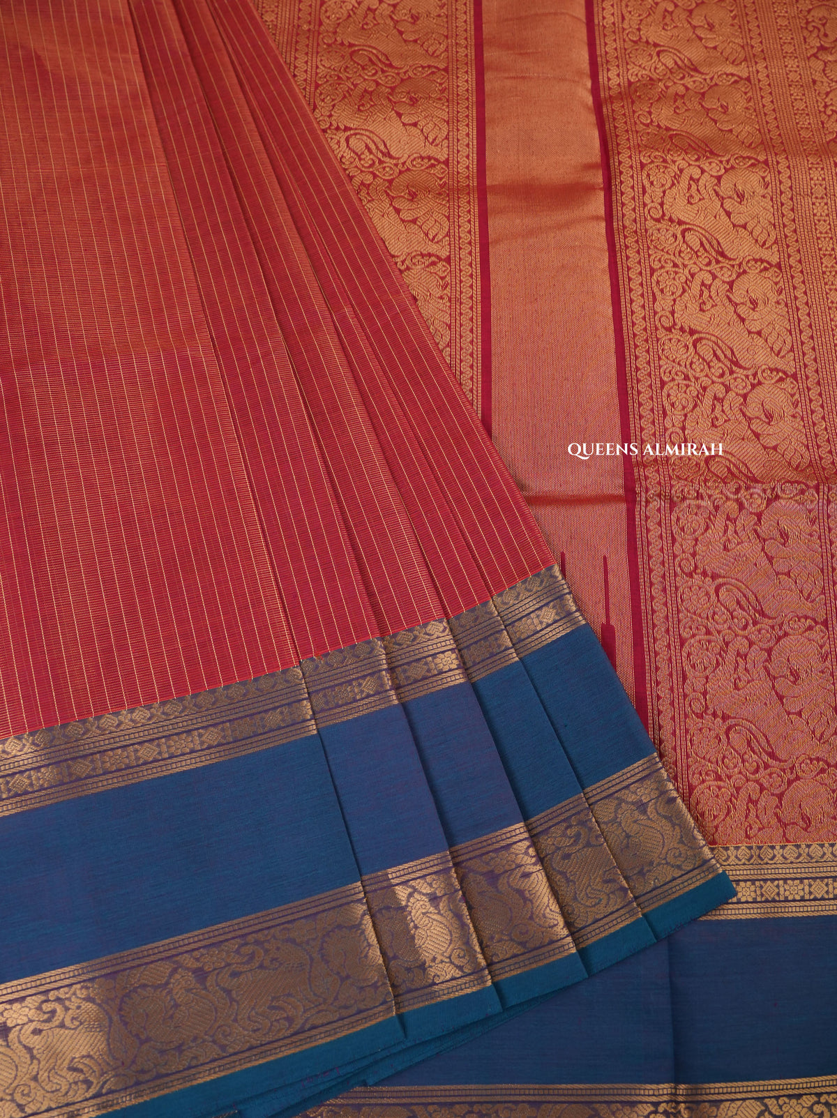Rani Pink With Peacock Blue Payadi Chettinad Silk Cotton Saree