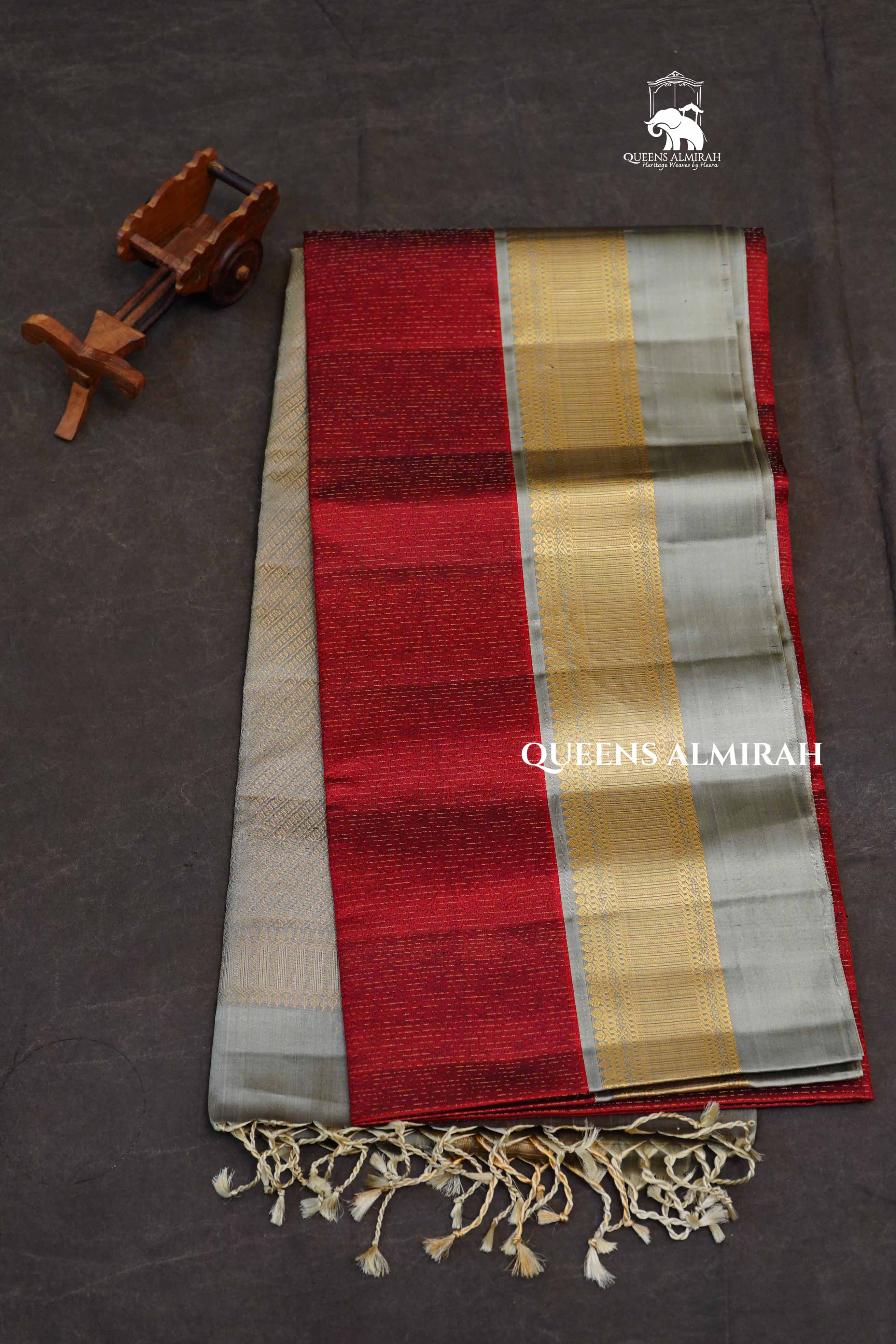 Maroon With Grey Pure Soft Silk Saree