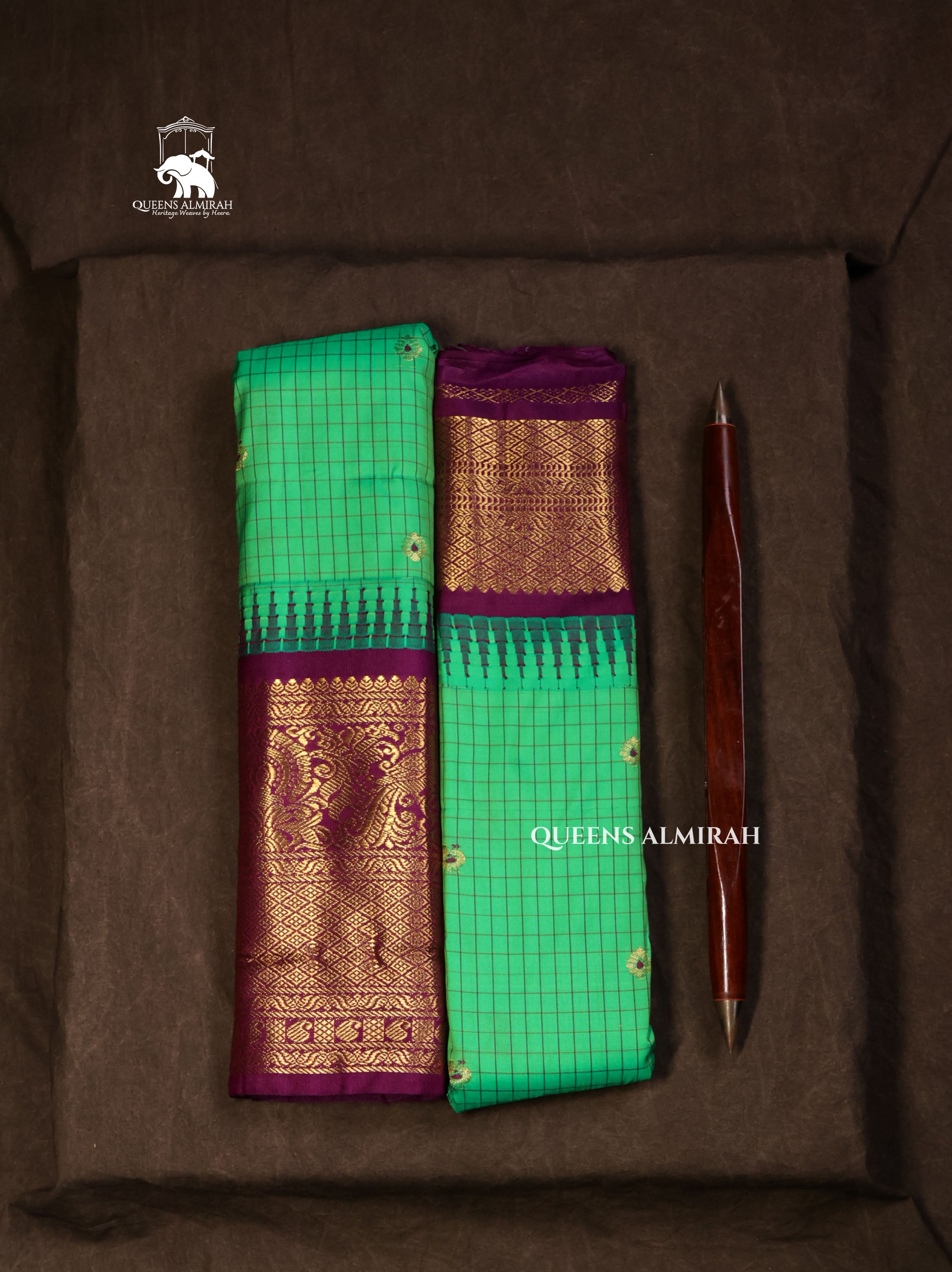 Green With Brown Semi Gadwal Silk Saree