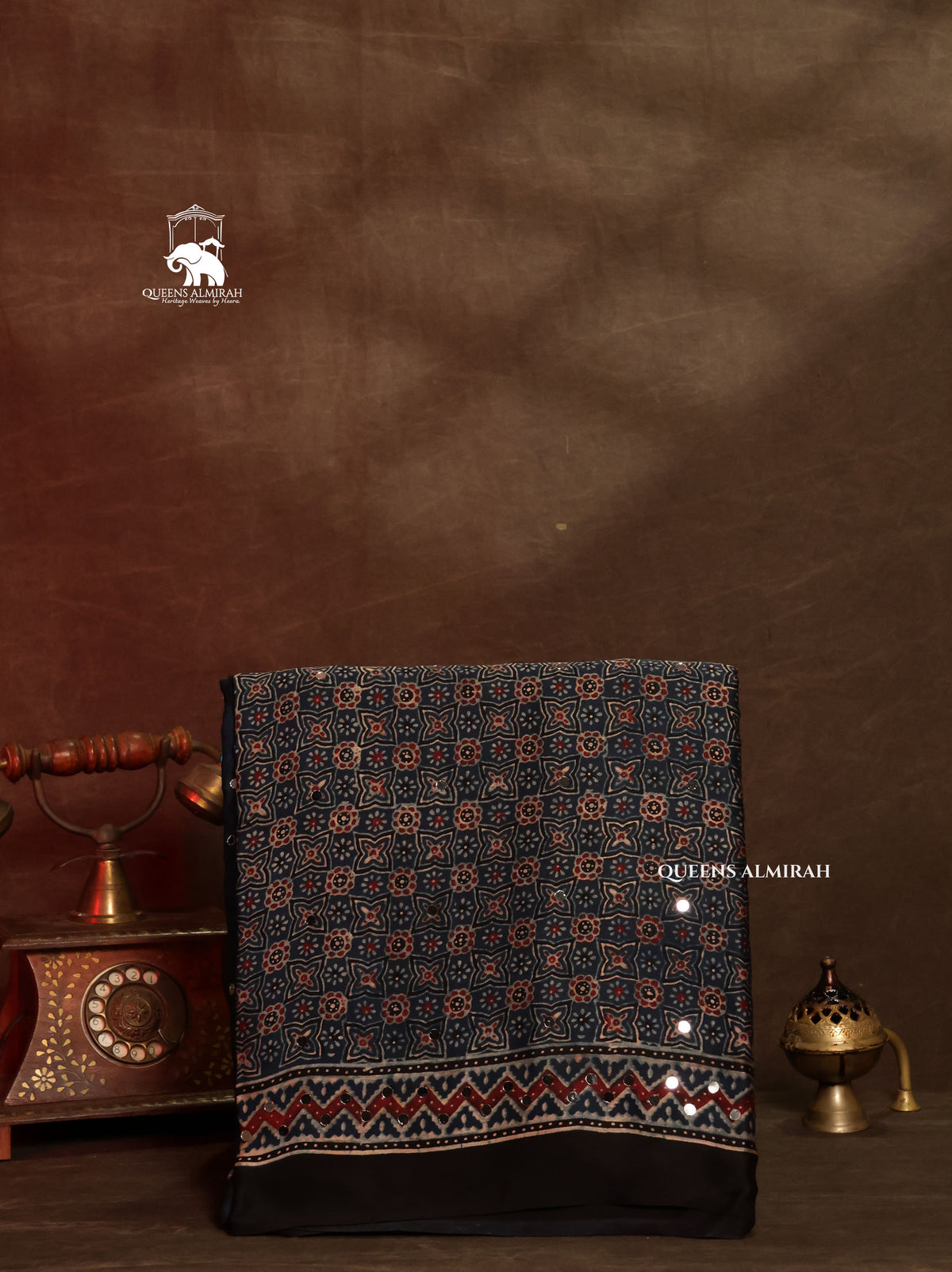 Blue Ajrakh Mirror Work Modal Silk Saree