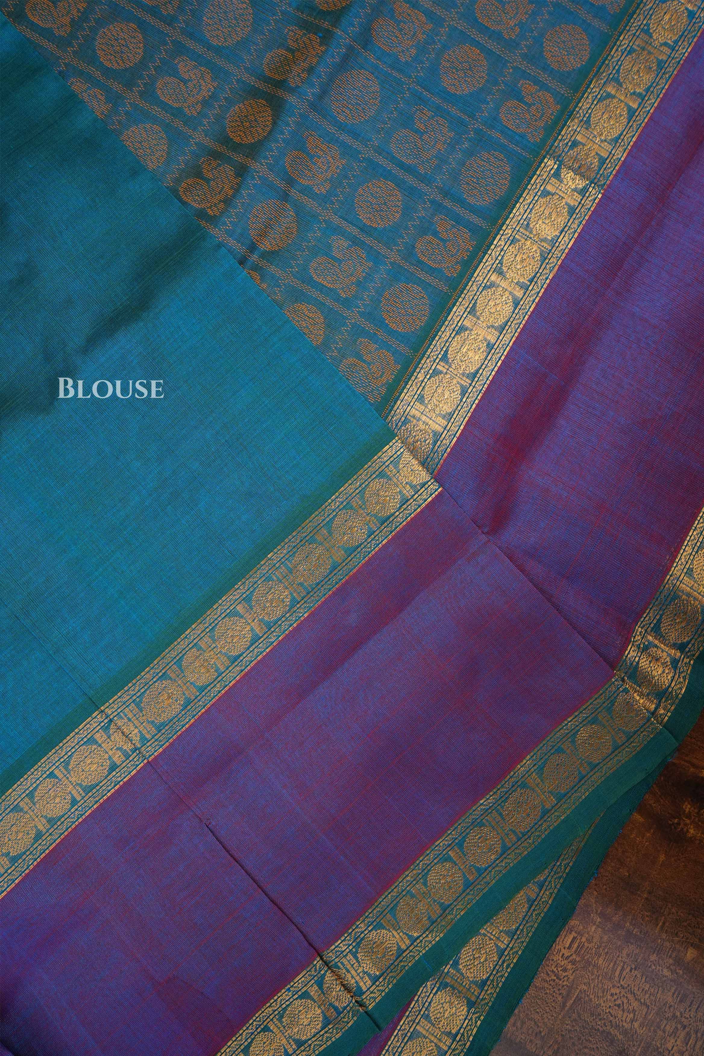 Peacock Blue With Purple Chettinad Silk Cotton Saree