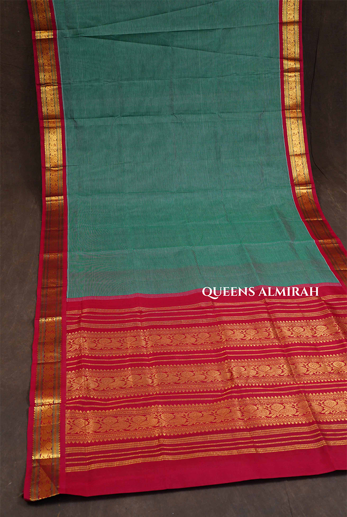 Green Stipes With Red Border Pure Silk Cotton Saree