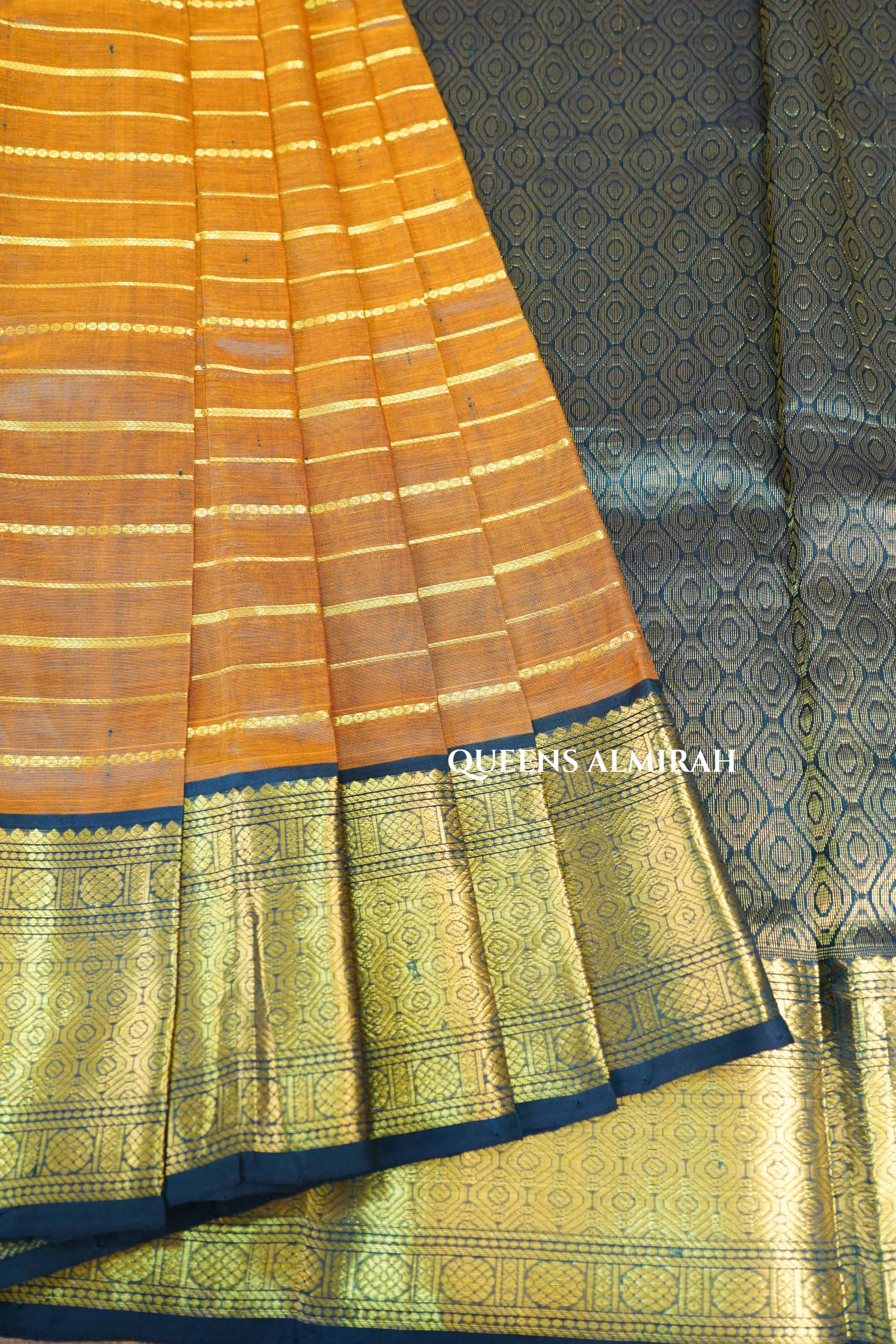 Mustard Brown With Black Pure Silk Cotton Saree