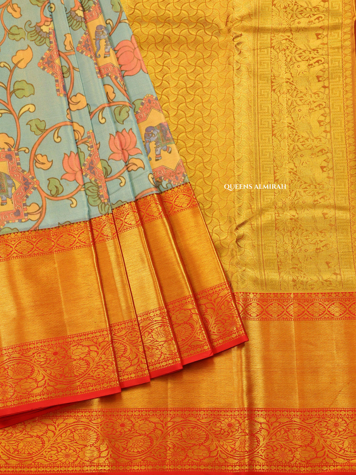 Blue Kalamkari Print With Red Long And Short Border Pure Kanchivaram Silk Saree