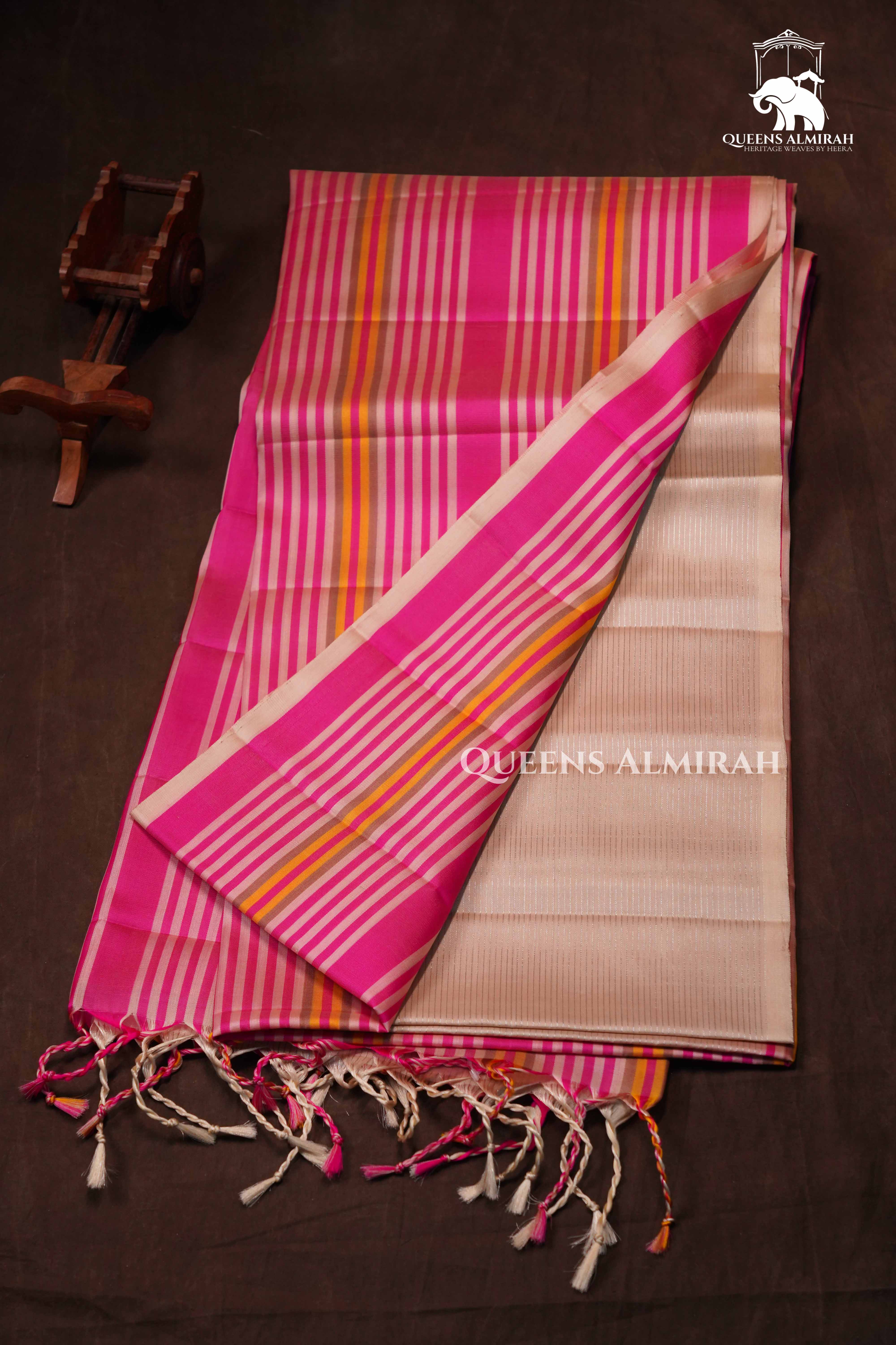 Pinkish Grey With Stripes Pure Soft Silk Saree