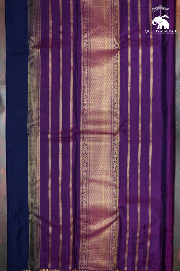 NAVY BLUE WITH GOLD BORDER KANCHIVARAM SILK SAREE - Queens Jewel Emporium
