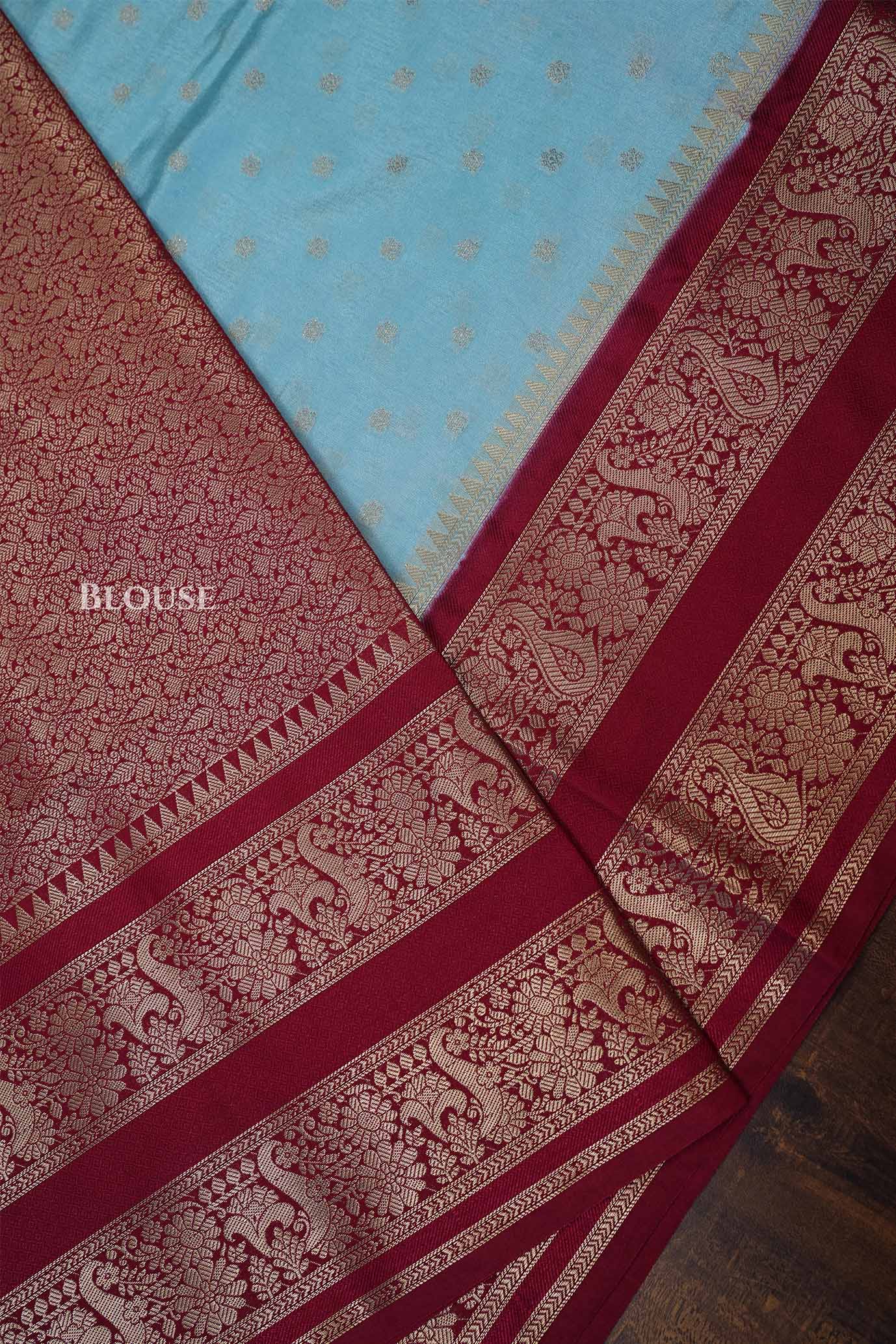 Ice Blue With Maroon Semi Banarasi Katan Soft Silk Saree