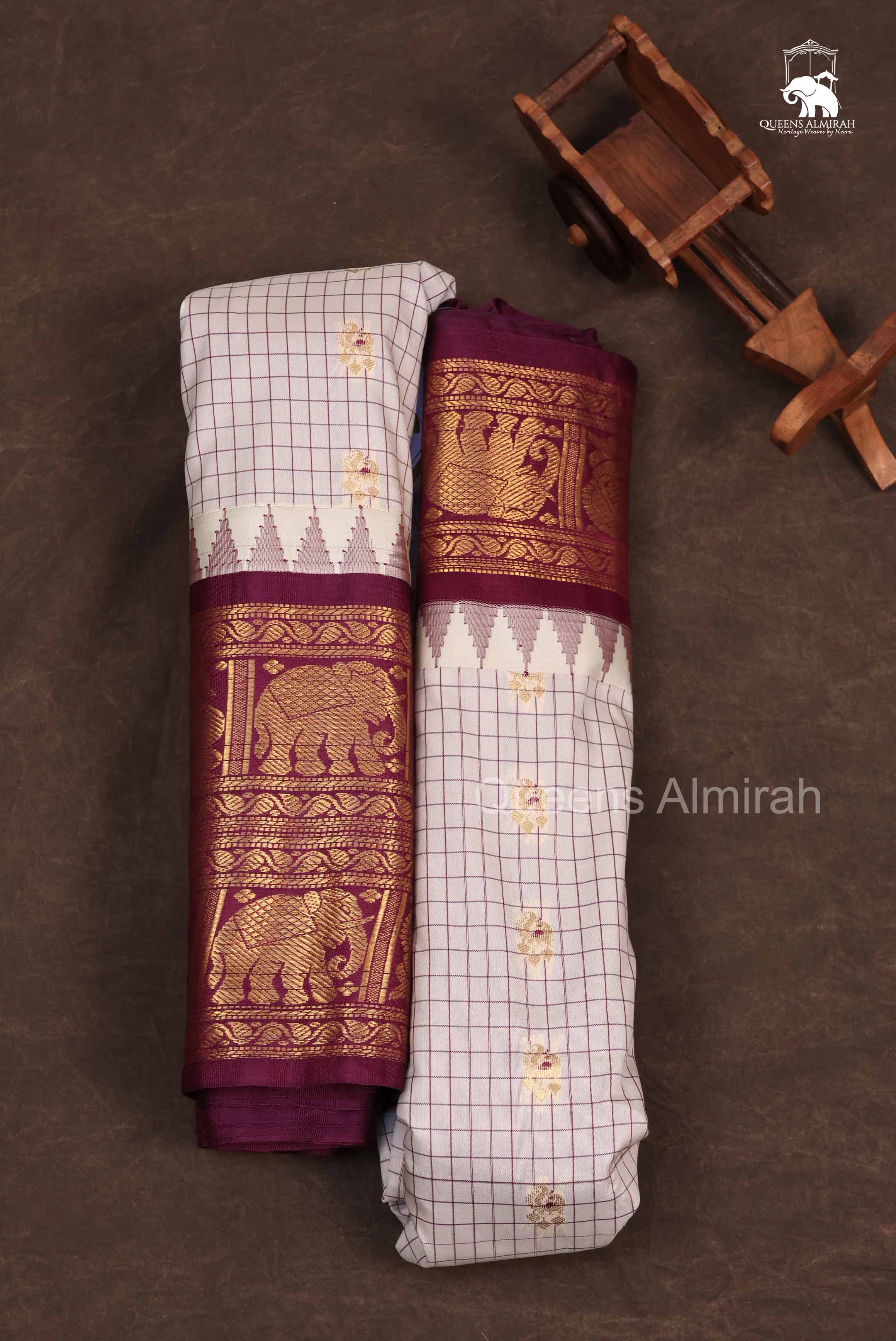 White Kattam With Purple Semi Gadwal Silk Saree