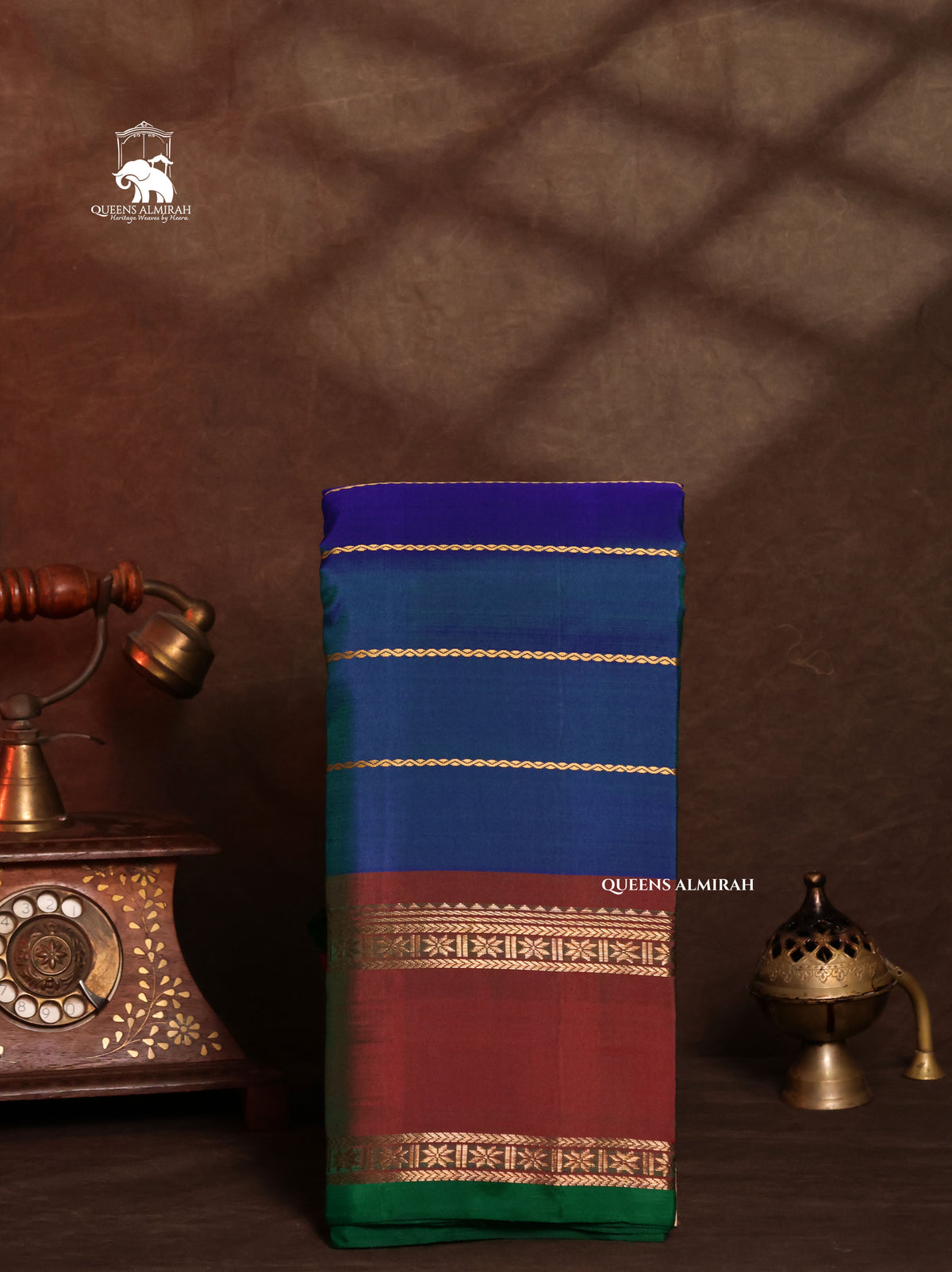 Peacock Blue With Brown Pure Kanchivaram Silk Saree