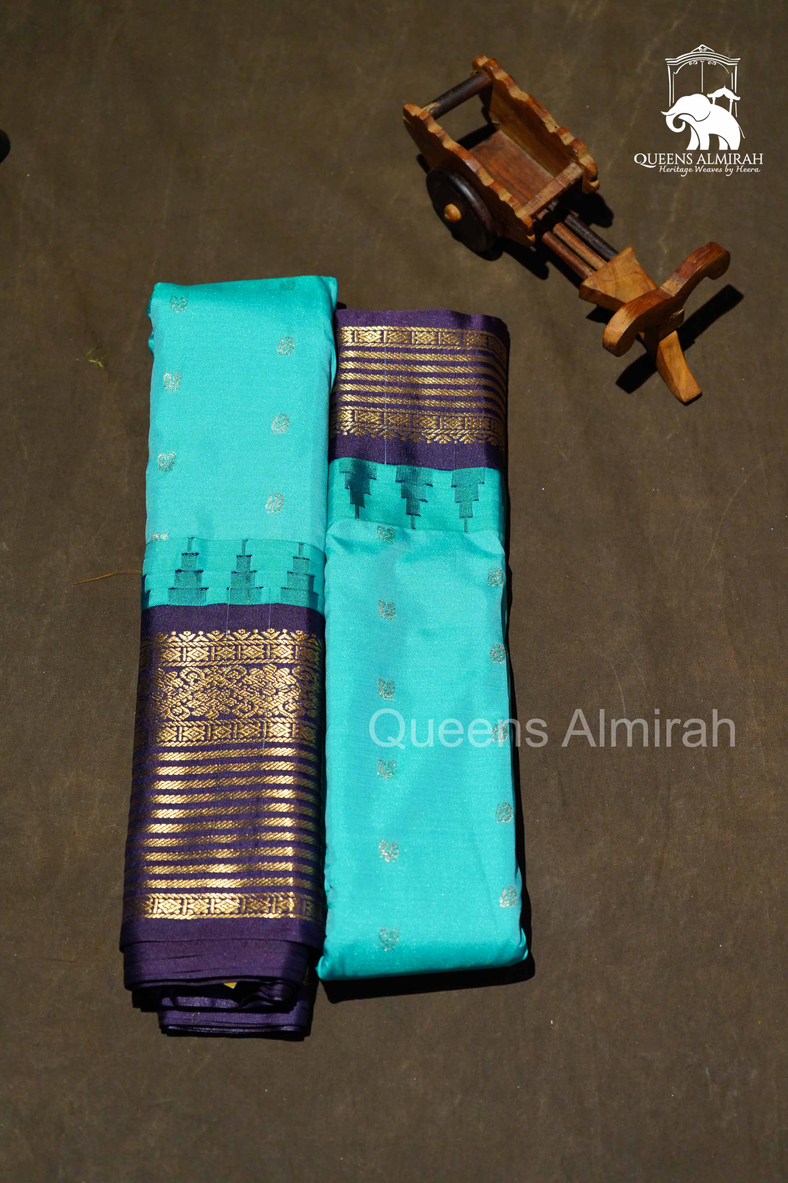 Sea Blue With Navy Blue Border Semi Gadwal Silk Saree