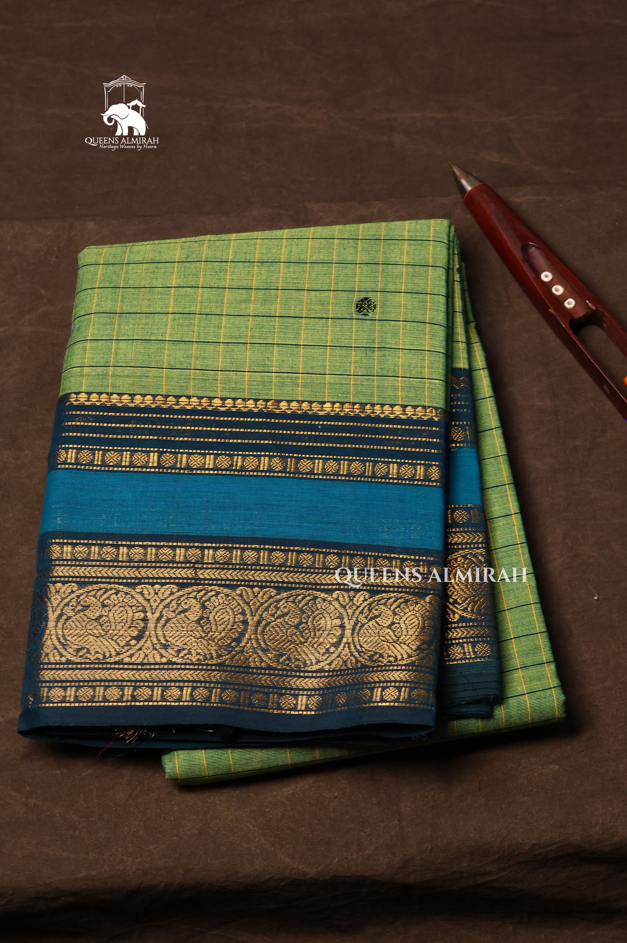 Green Kattam With Blue Kanchi Cotton Saree
