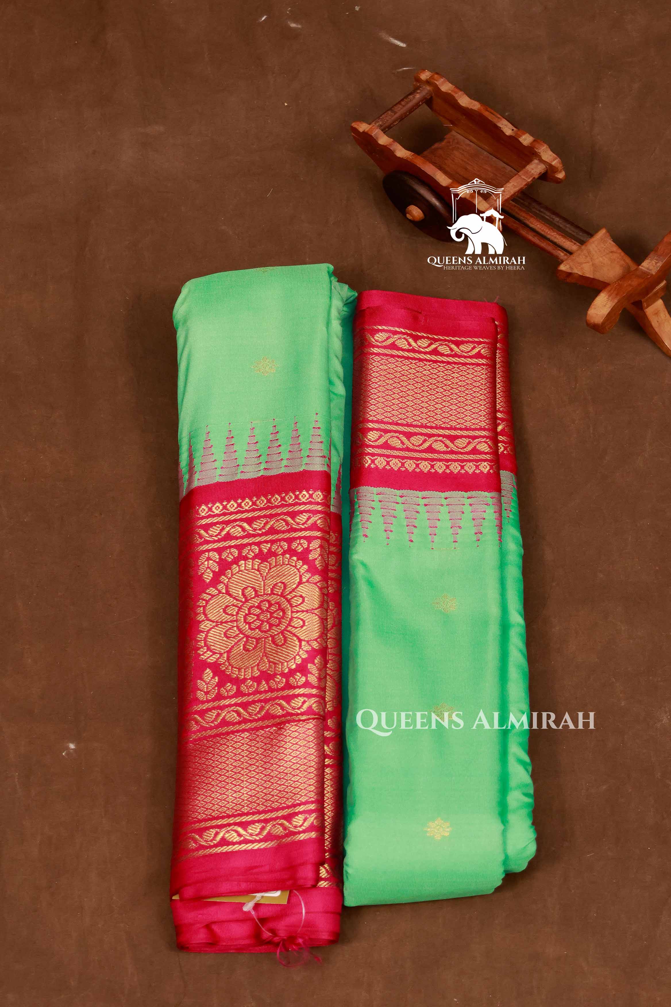 Green With Pink Semi Gadwal Silk Saree