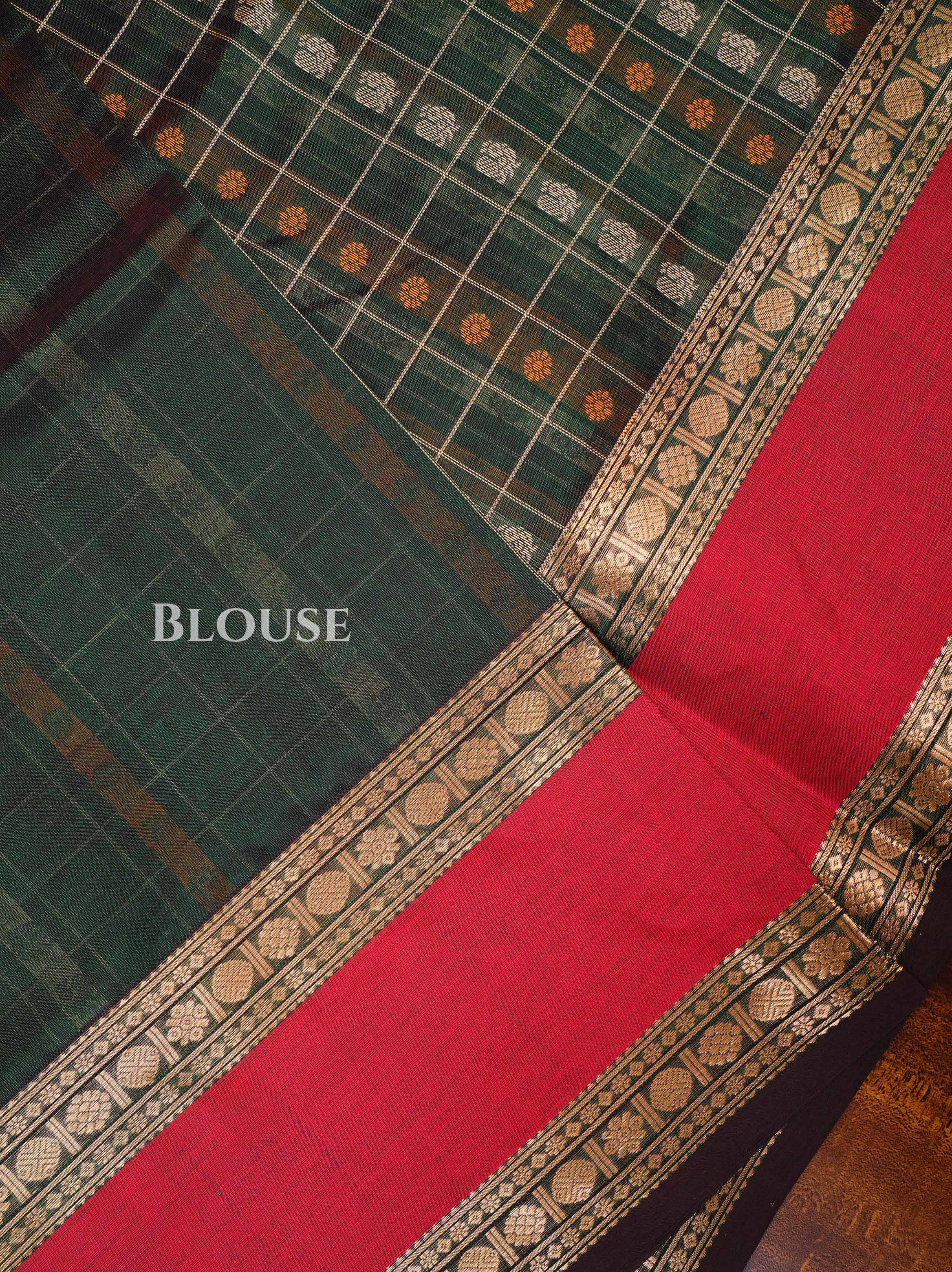 Dark Green With Burgundy Chettinad Silk Cotton Saree