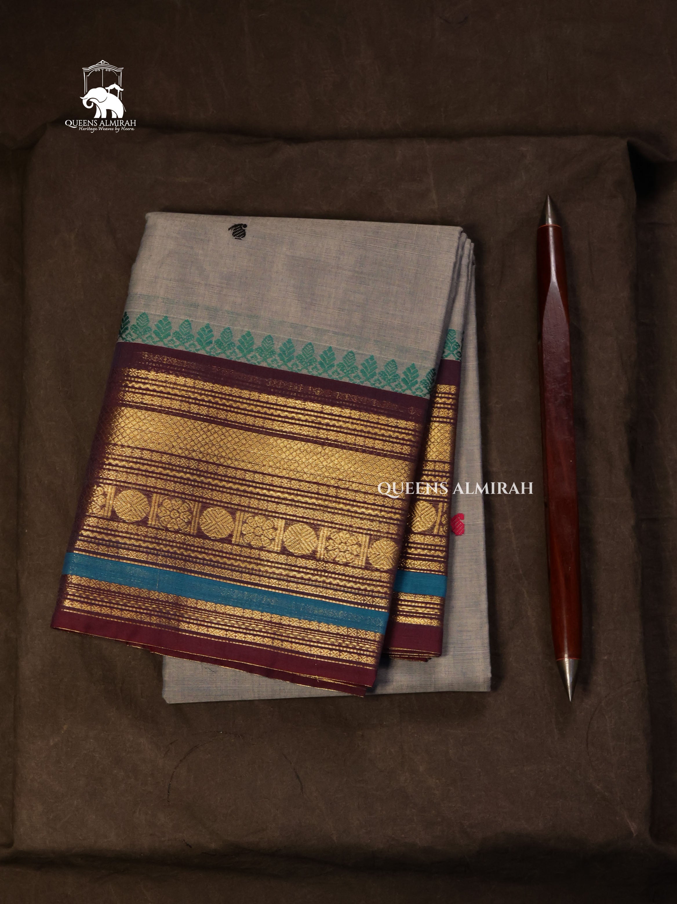 Ash Grey With Brown Kanchi Cotton Saree