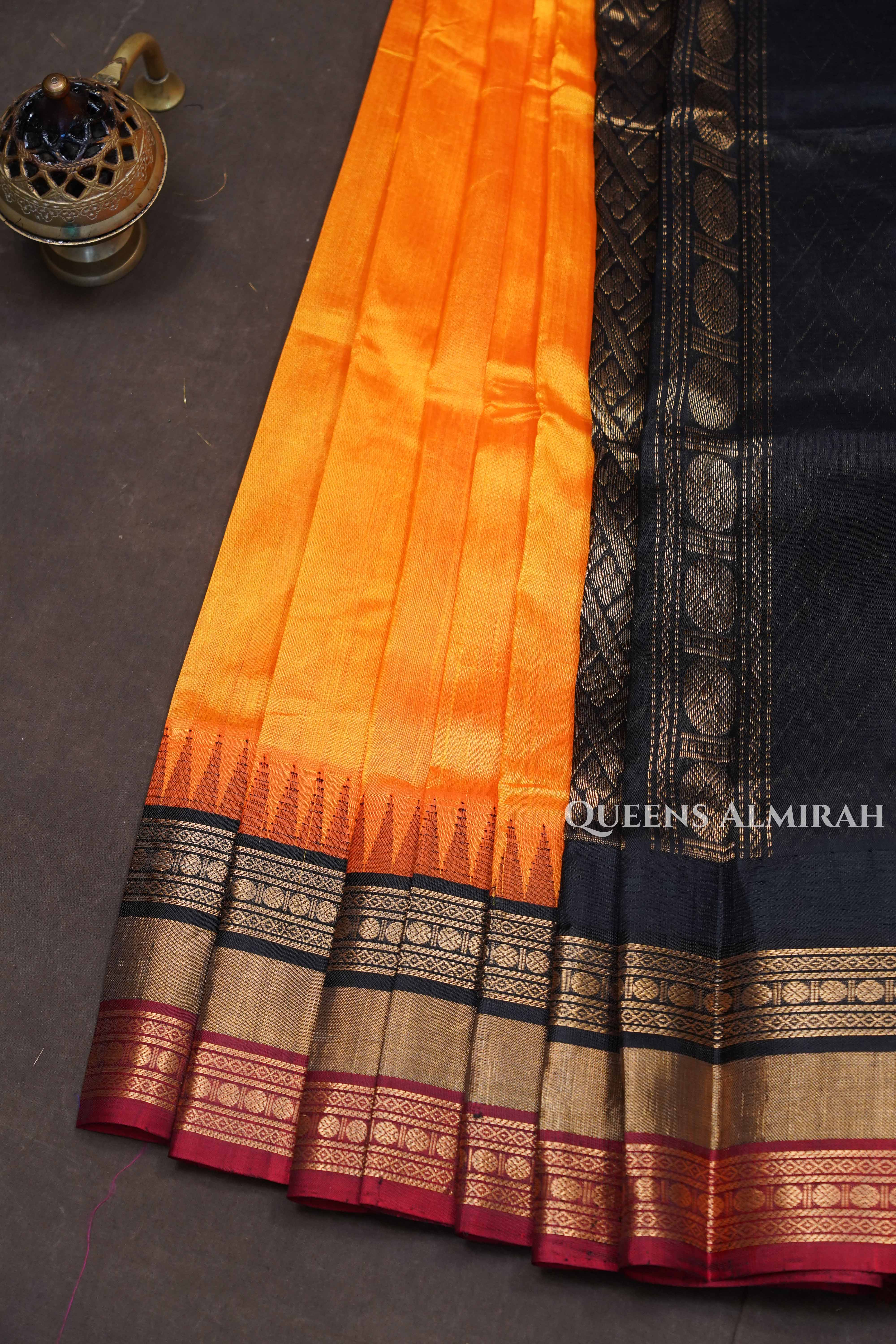 Orange With Maroon And Black Pure Silk Cotton Saree
