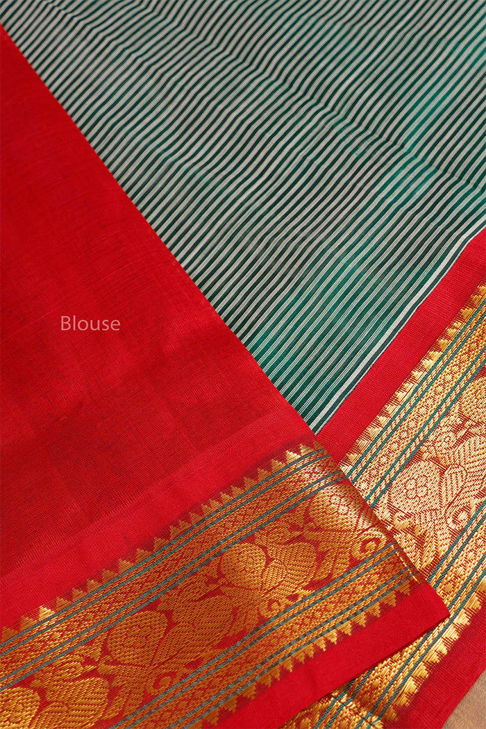 Green Stipes With Red Border Pure Silk Cotton Saree