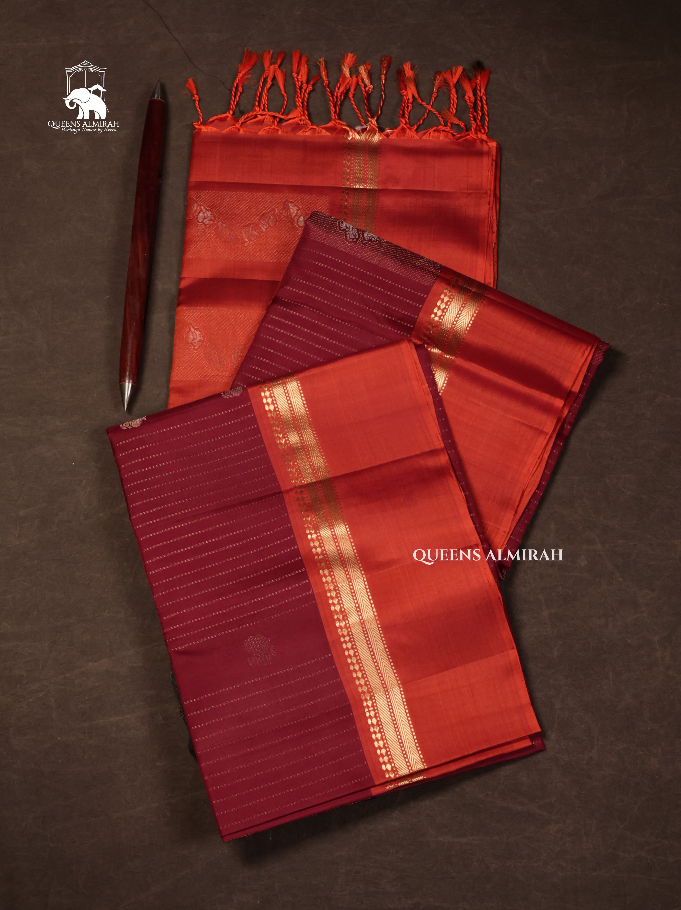 Maroon With Rust Orange Pure Soft Silk Saree