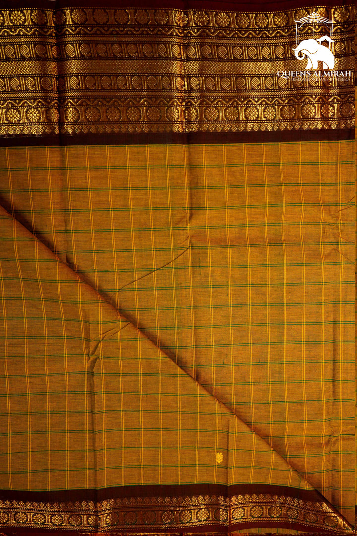 DARK MUSTARD WITH COCO BROWN KANCHI COTTON SAREE - Queens Jewel Emporium