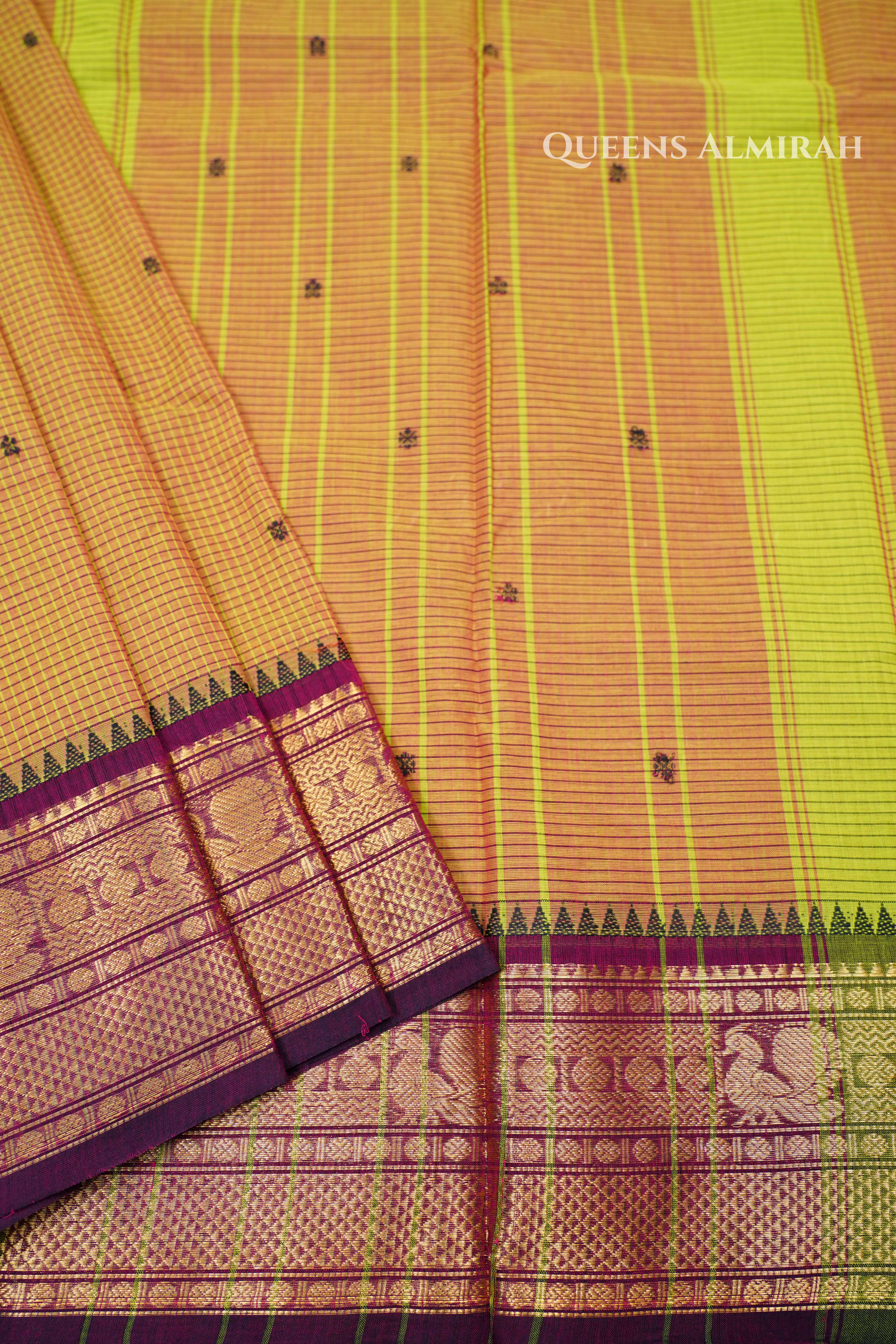 Mustard Yellow With Wine Red Kanchi Cotton Saree