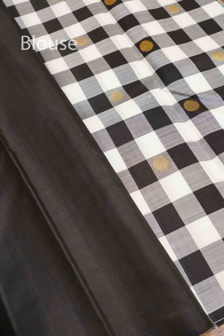 BLACK AND WHITE CHECKED PURE KANCHIVARAM SILK SAREE - Queens Jewel Emporium