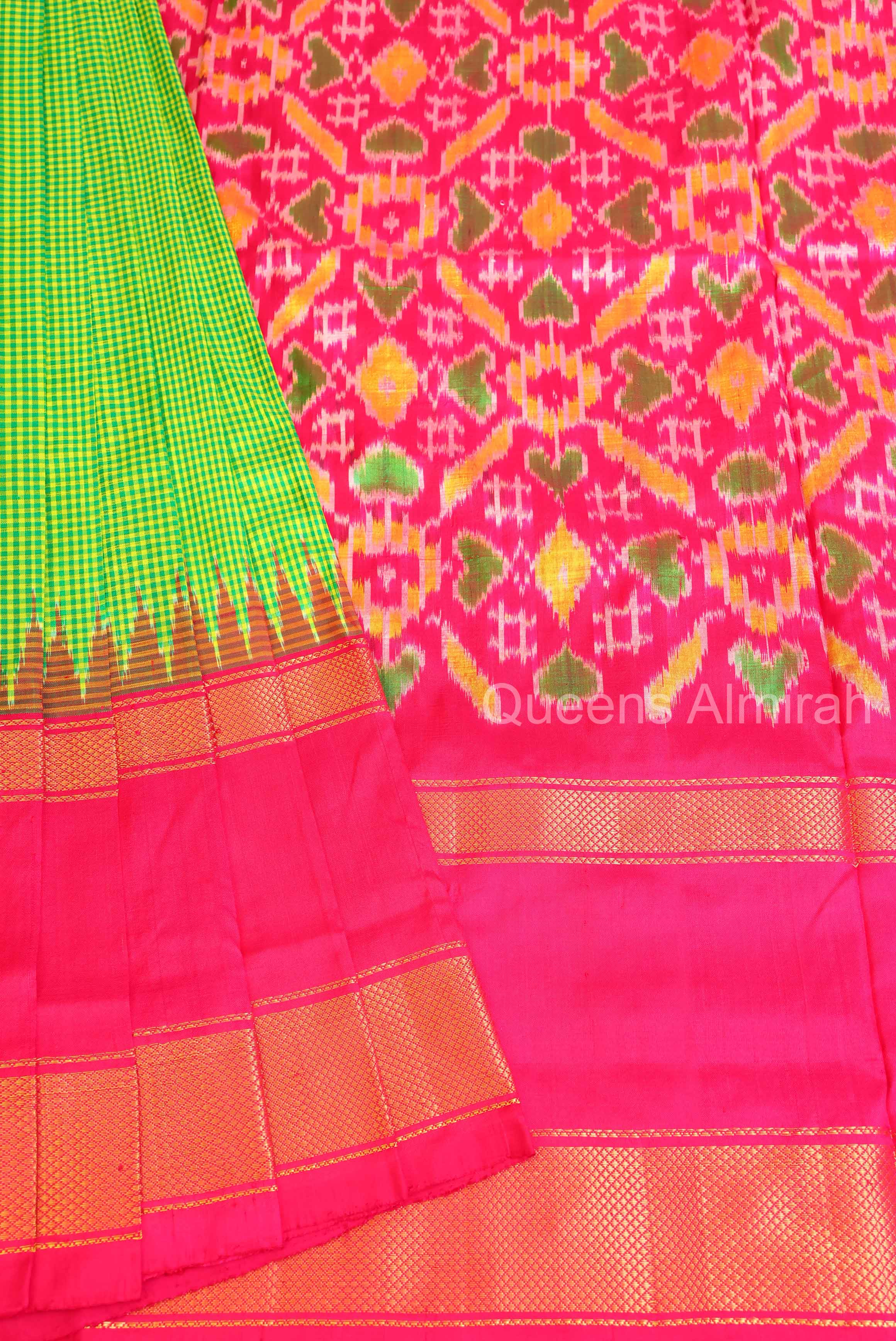 Parrot Green Checks With Magenta Pink Pure Ikat Silk Saree