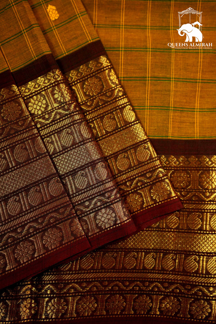 DARK MUSTARD WITH COCO BROWN KANCHI COTTON SAREE - Queens Jewel Emporium