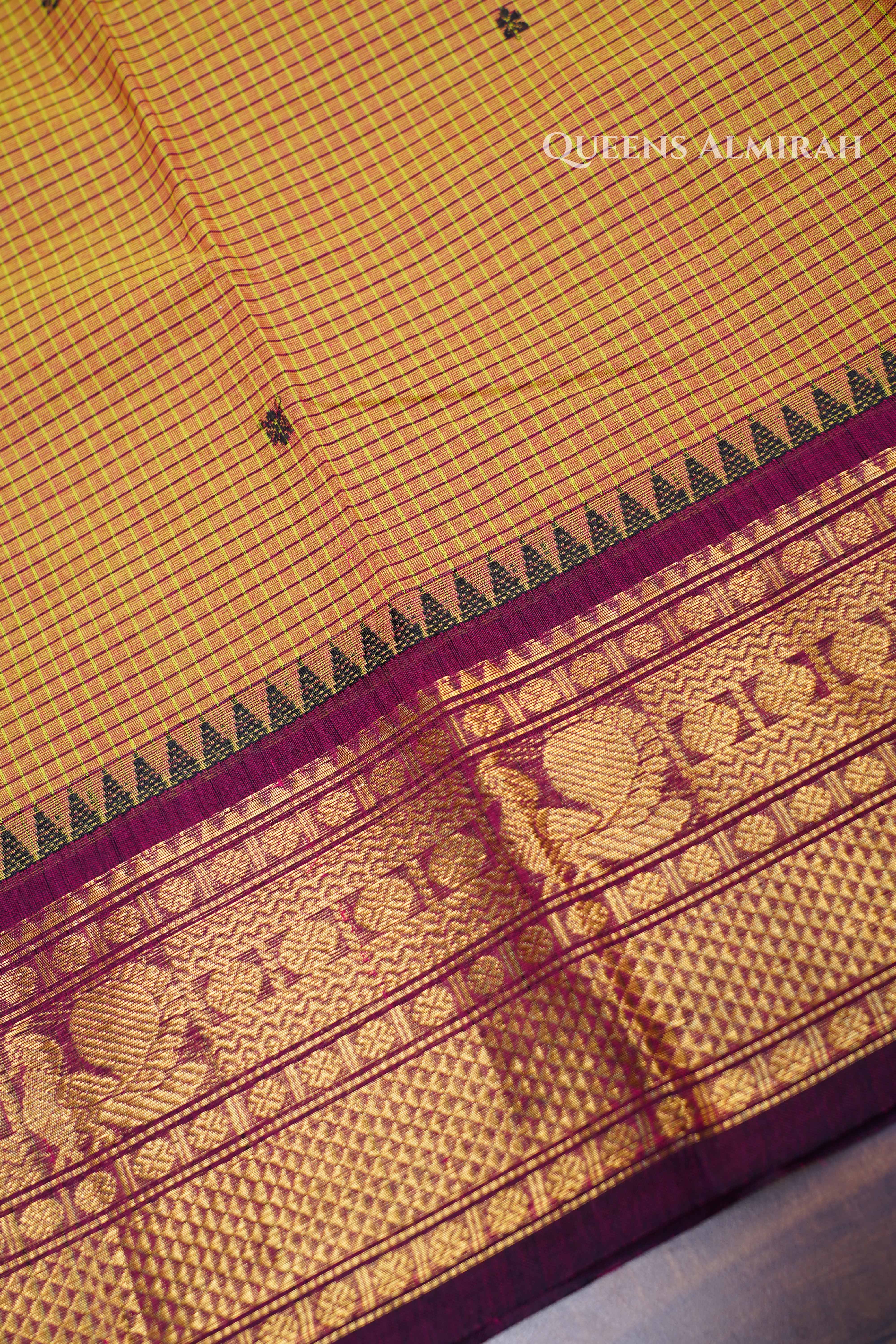 Mustard Yellow With Wine Red Kanchi Cotton Saree
