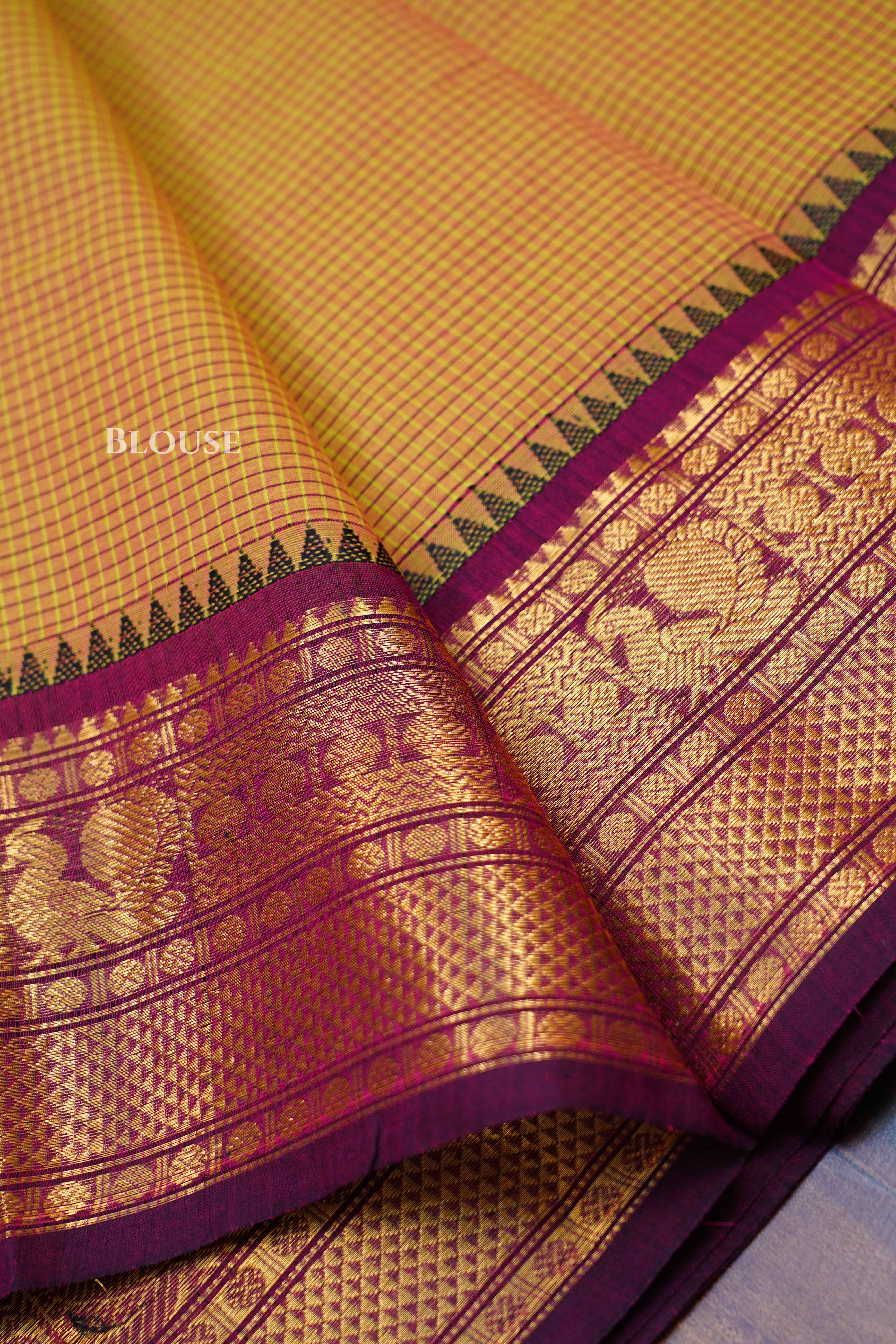 Mustard Yellow With Wine Red Kanchi Cotton Saree