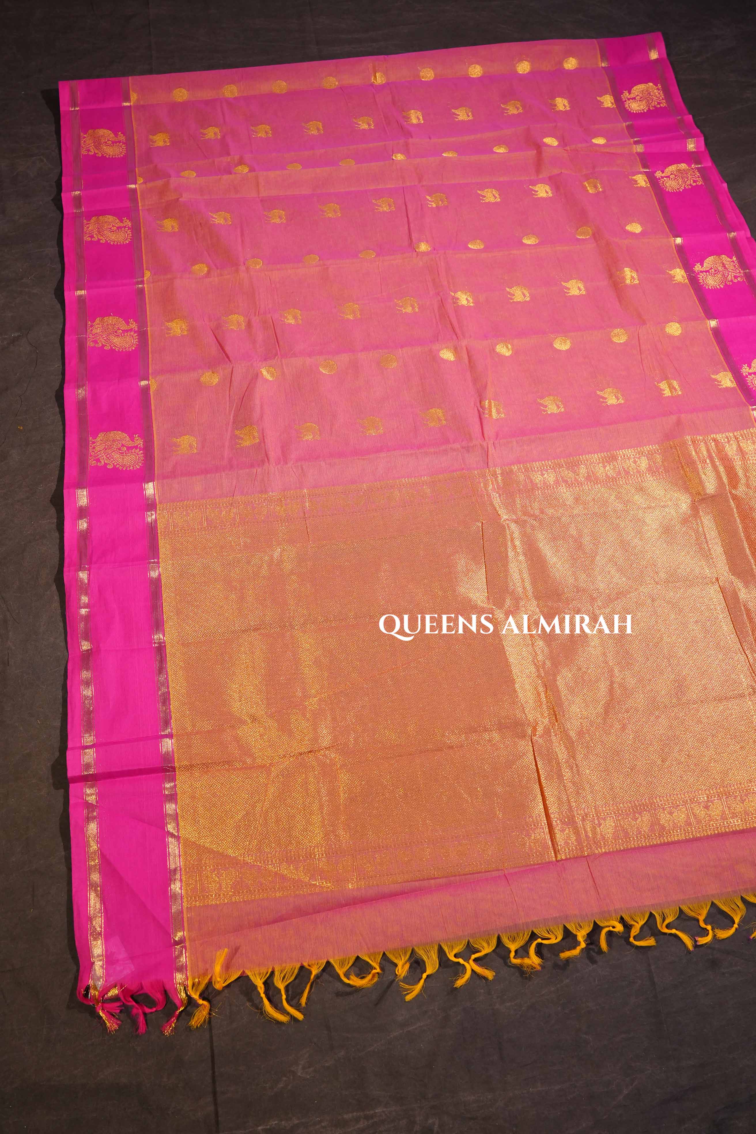 Peach With Pink Peacocok Border Kanchi Cotton Saree