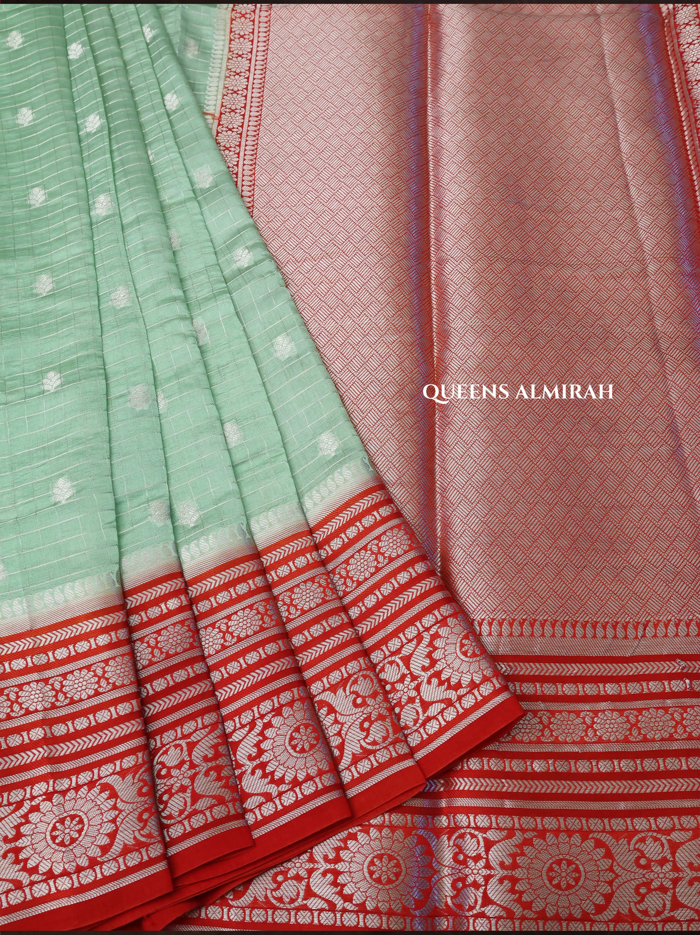 Pista Green With Red Semi Banarasi Silk Saree