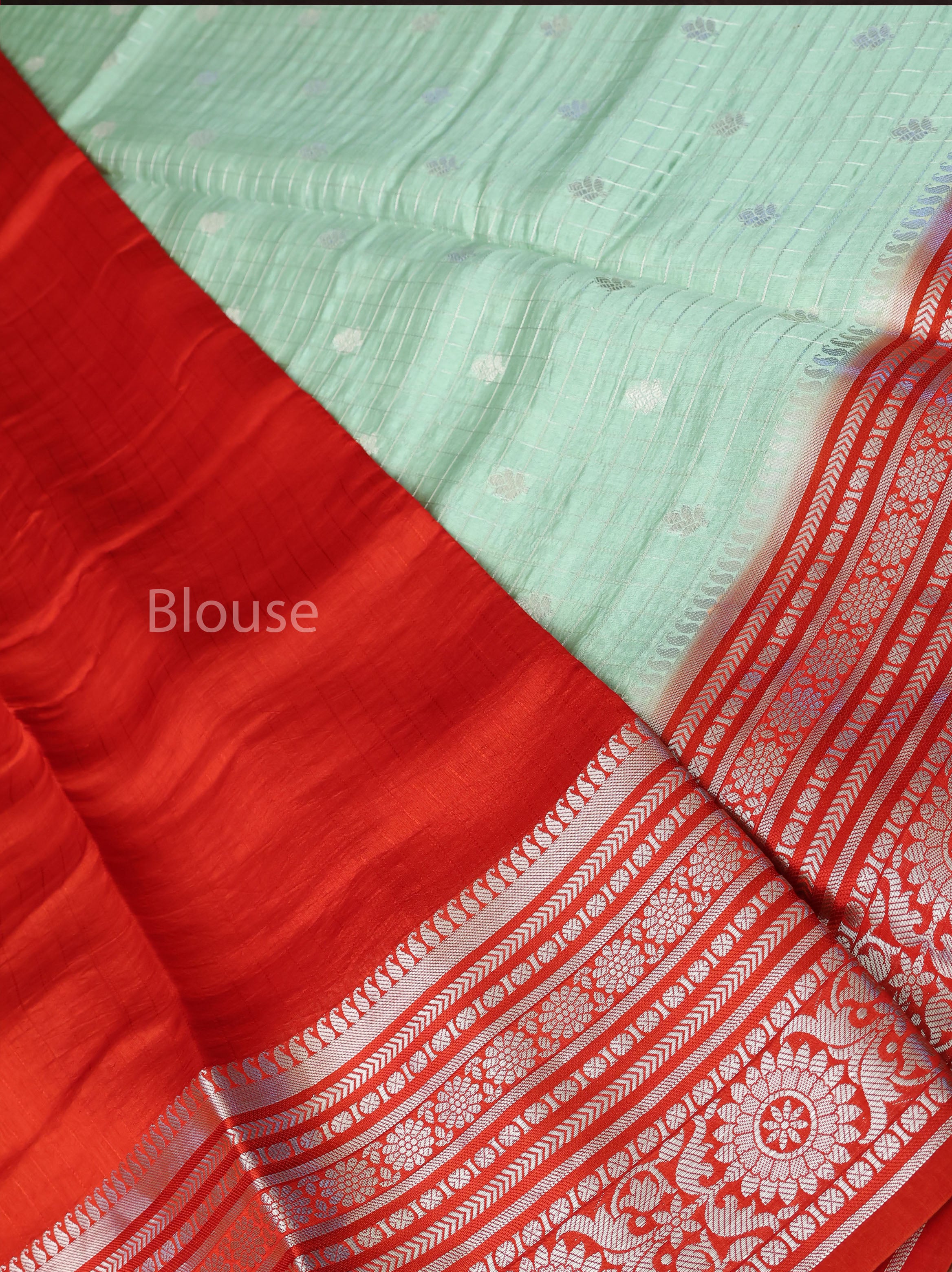 Pista Green With Red Semi Banarasi Silk Saree
