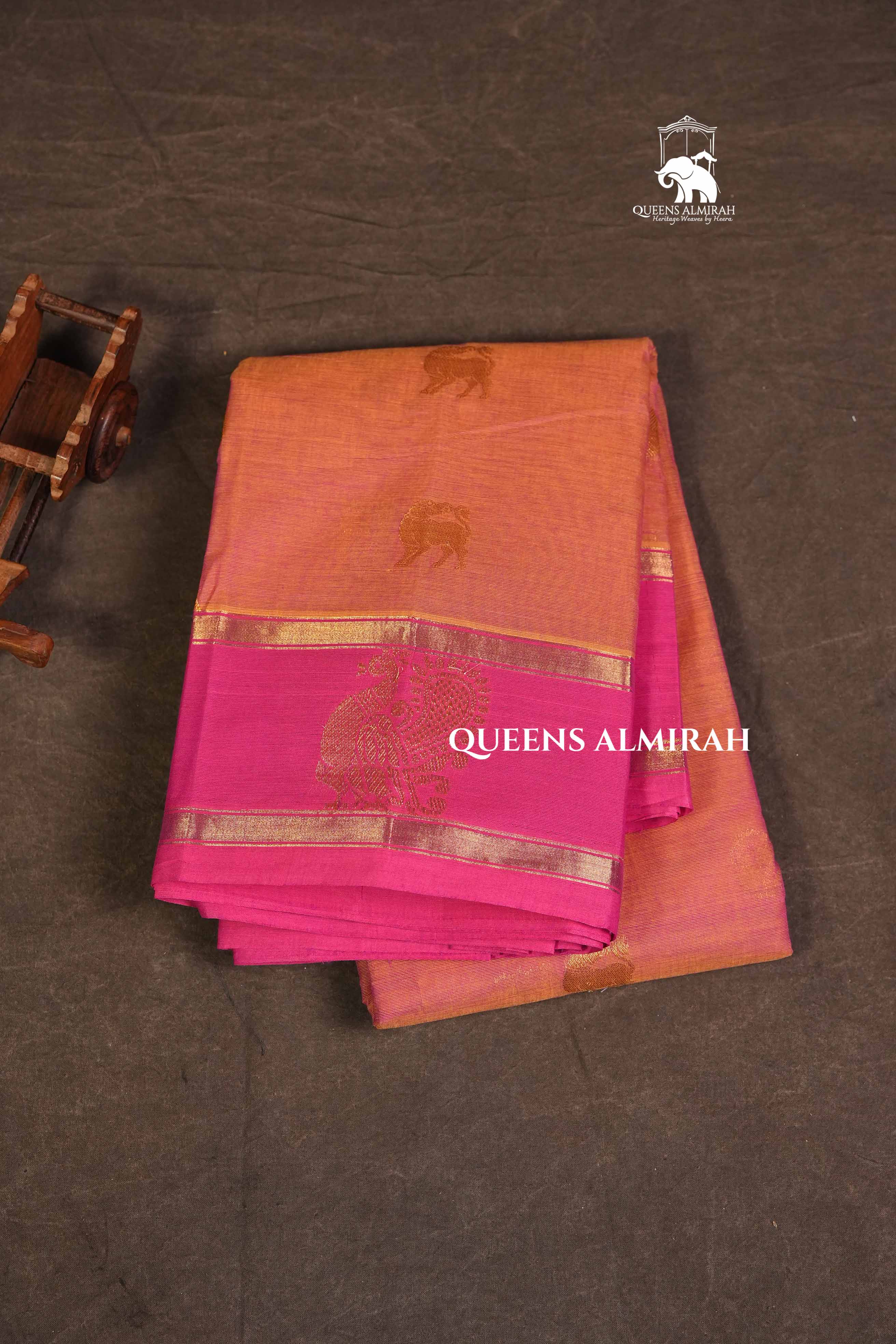 Peach With Pink Peacocok Border Kanchi Cotton Saree