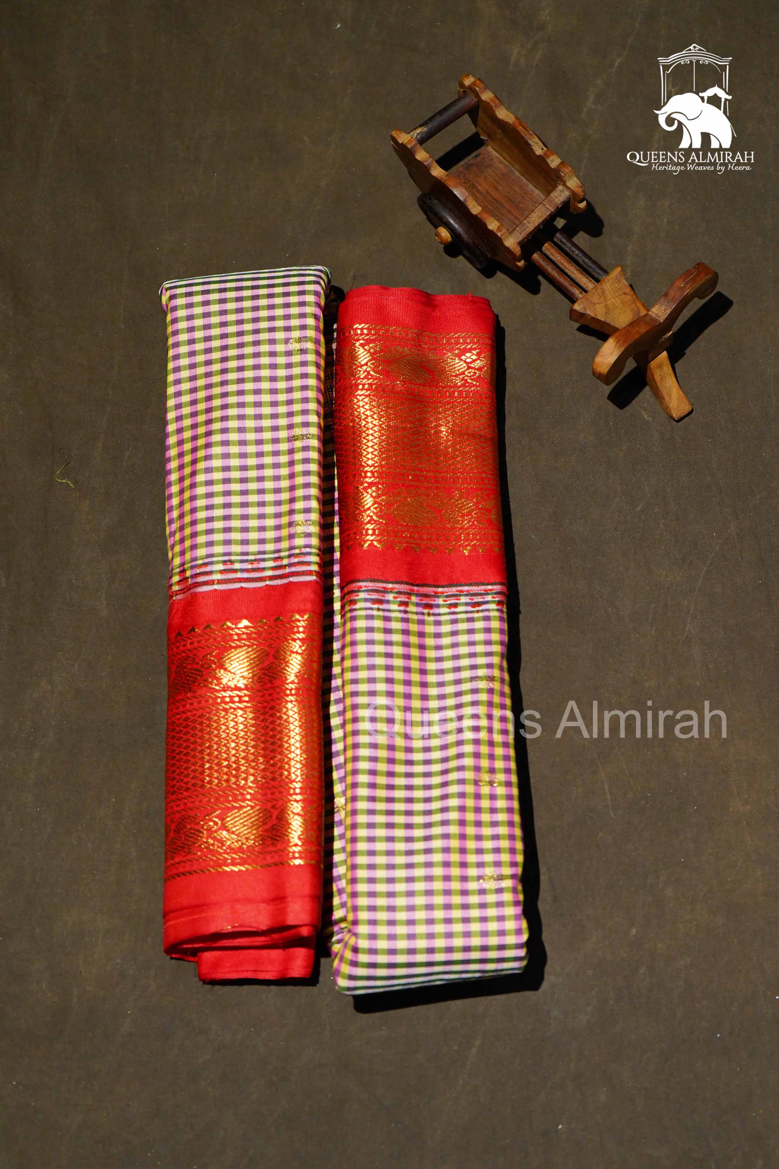 Green And Purple Kattam With Red Border Semi Gadwal Silk Saree