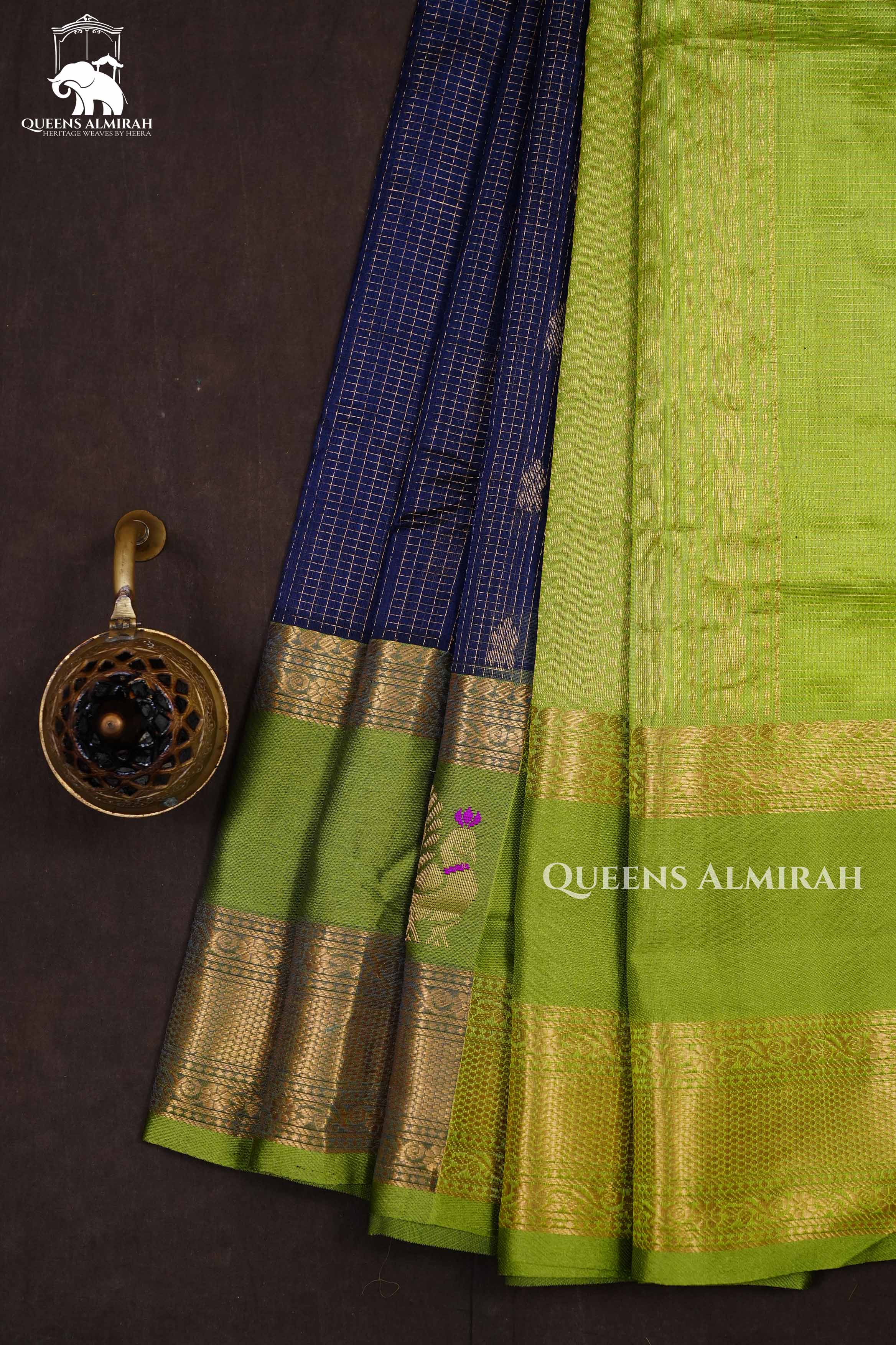 Navy Blue With Parrot Green Pure Kanchi Silk Cotton Saree