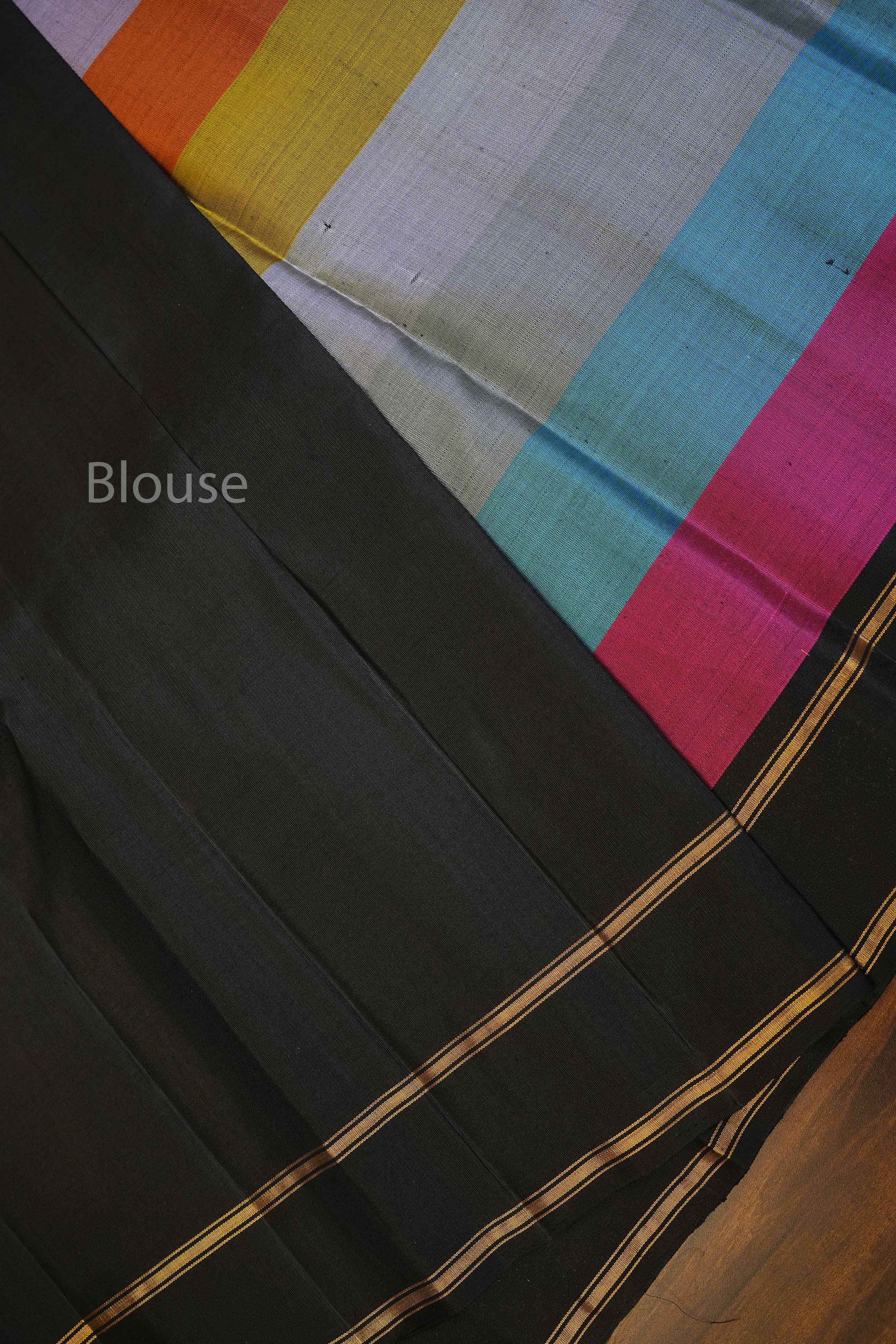 Multi Color With Black Gap Border Pure Kanchivaram Silk Saree