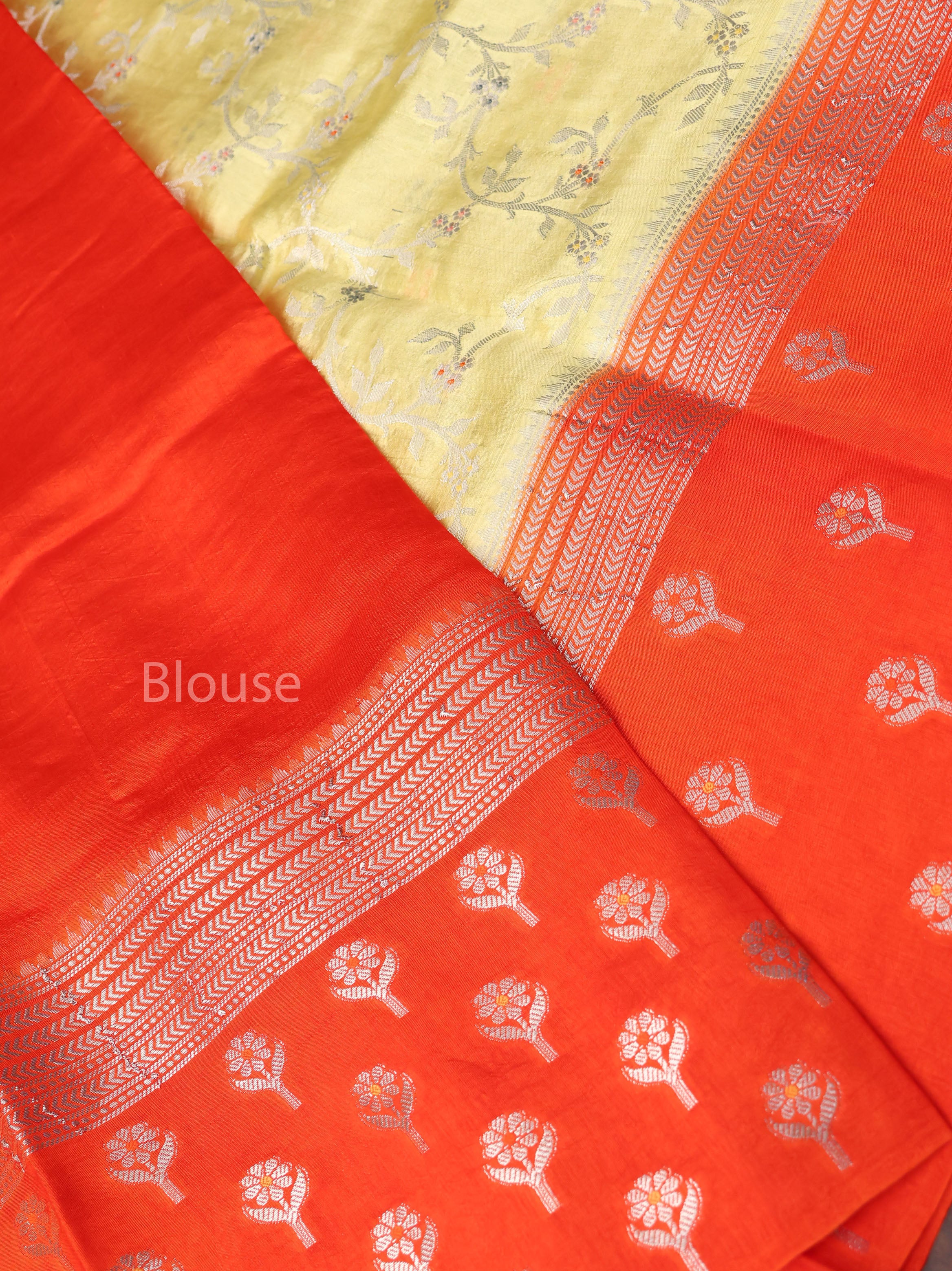 Lime Yellow With Orange Semi Banarasi Silk Saree