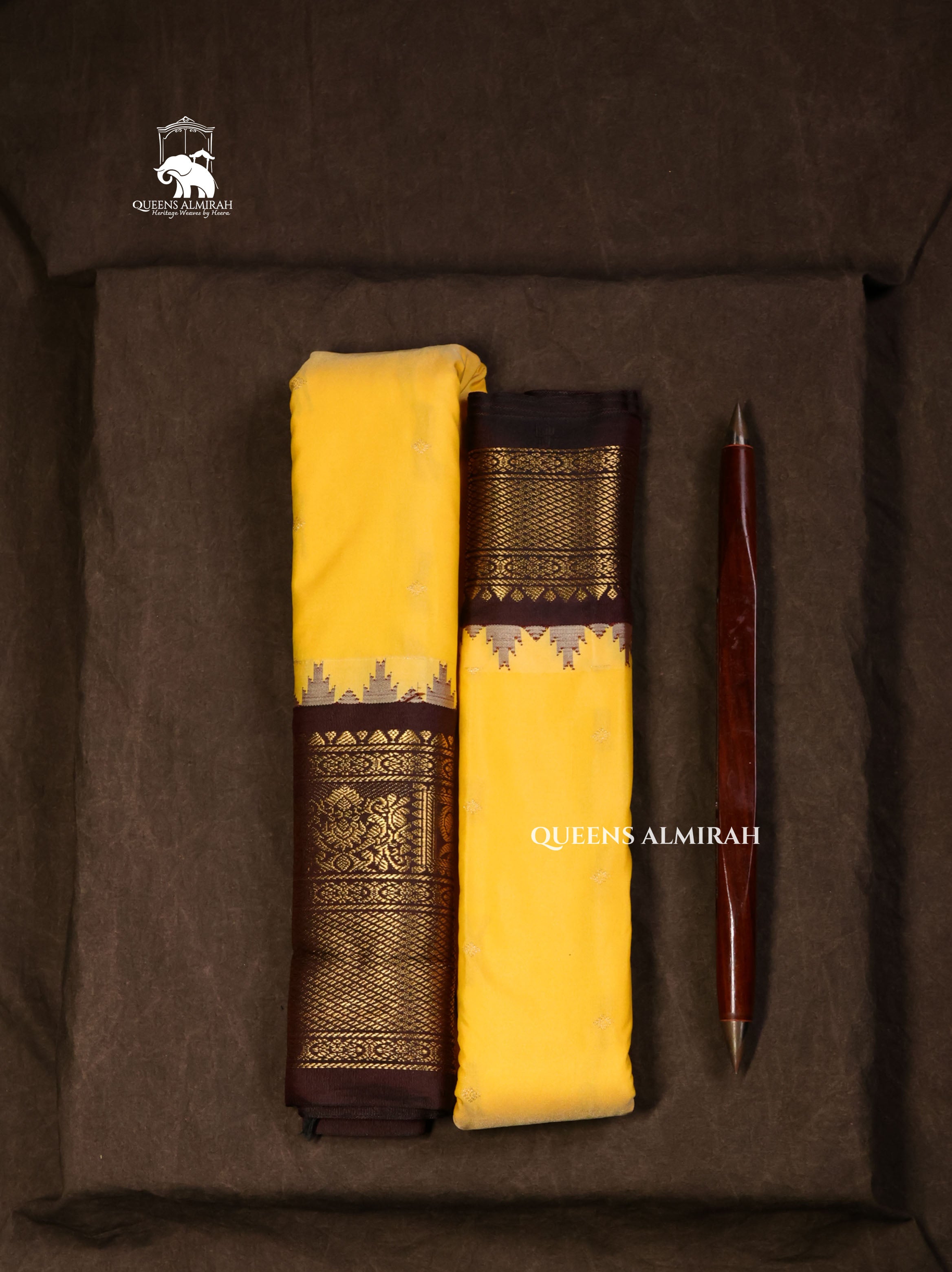 Pastel Yellow With Brown Semi Gadwal Silk Saree