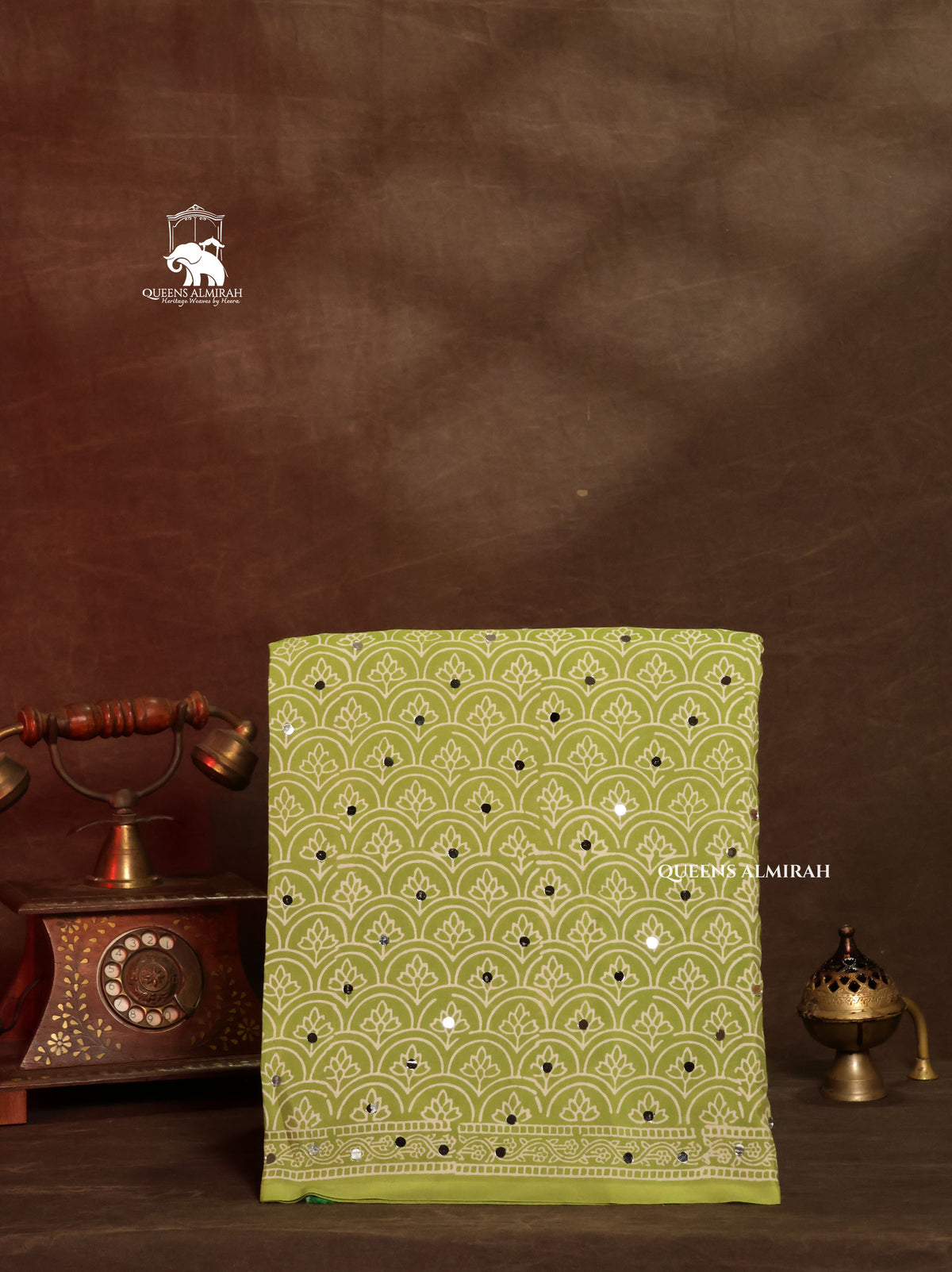 Green Ajrakh Mirror Work Modal Silk Saree