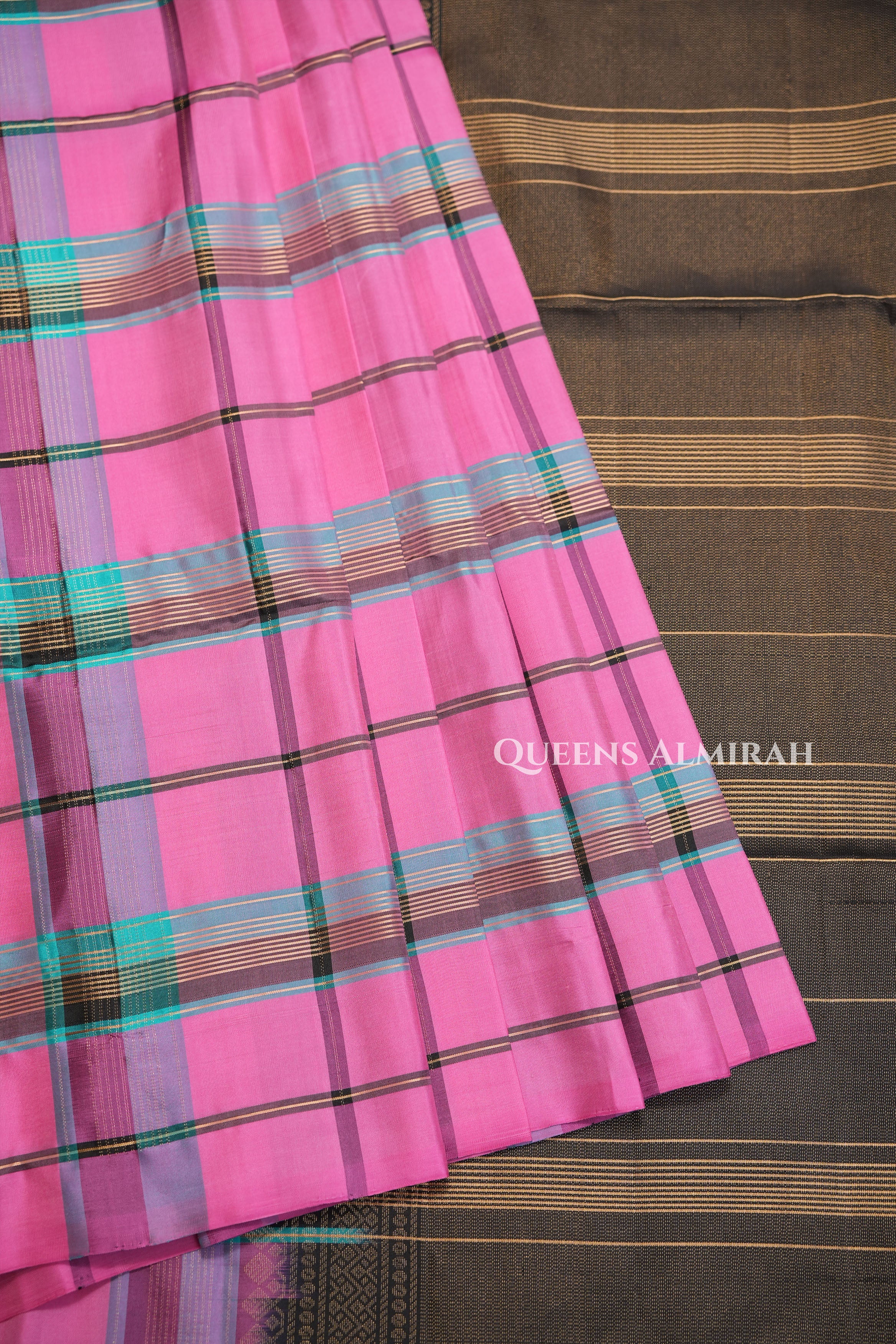 Pink With Turquoise Blue Burberry Checks Pure Soft Silk Saree
