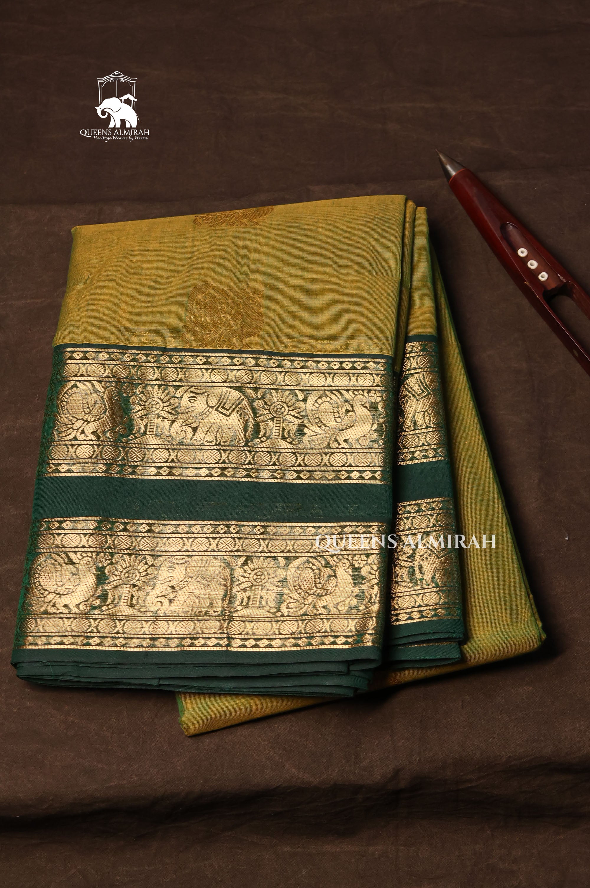 Olive Green With Dark Green Kanchi Cotton Saree