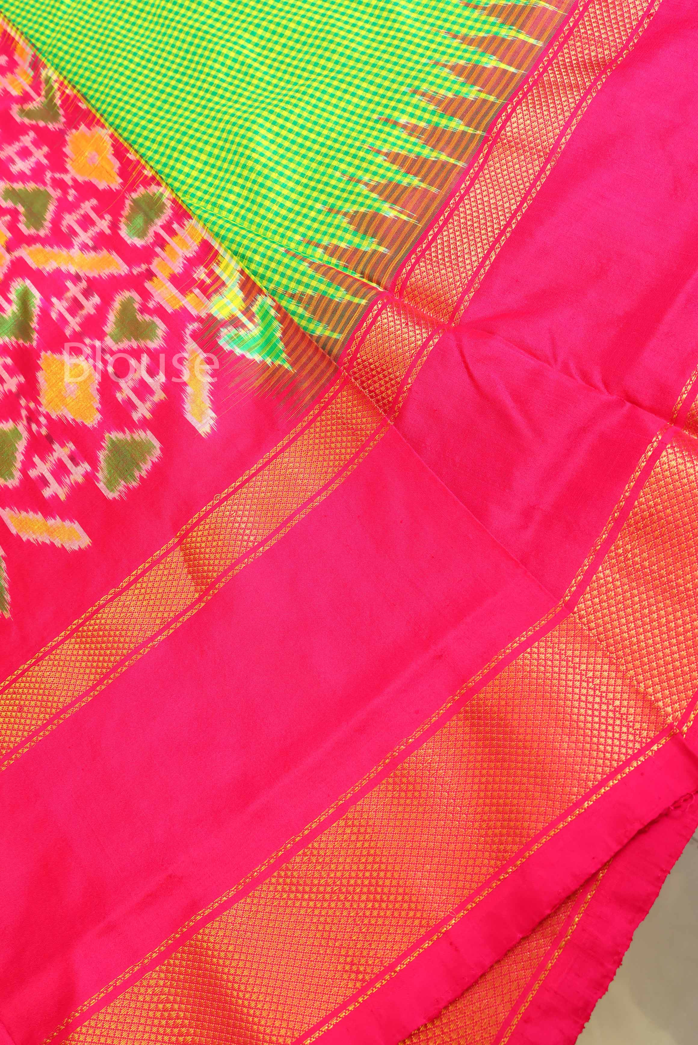 Parrot Green Checks With Magenta Pink Pure Ikat Silk Saree