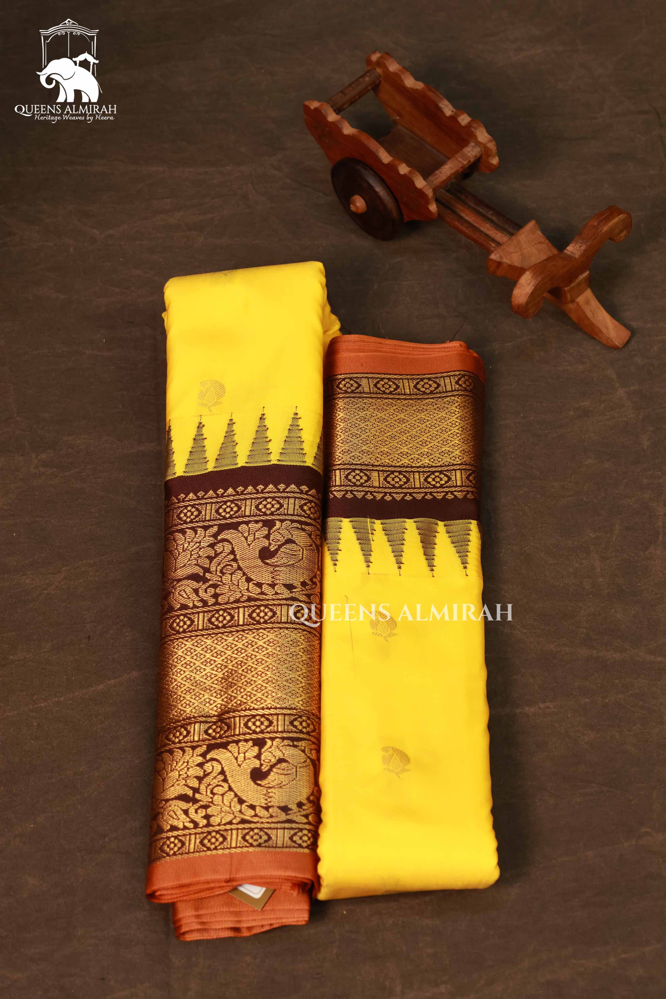 Turmeric Yellow With Brown Long And Short Border Semi Gadwal Silk Saree